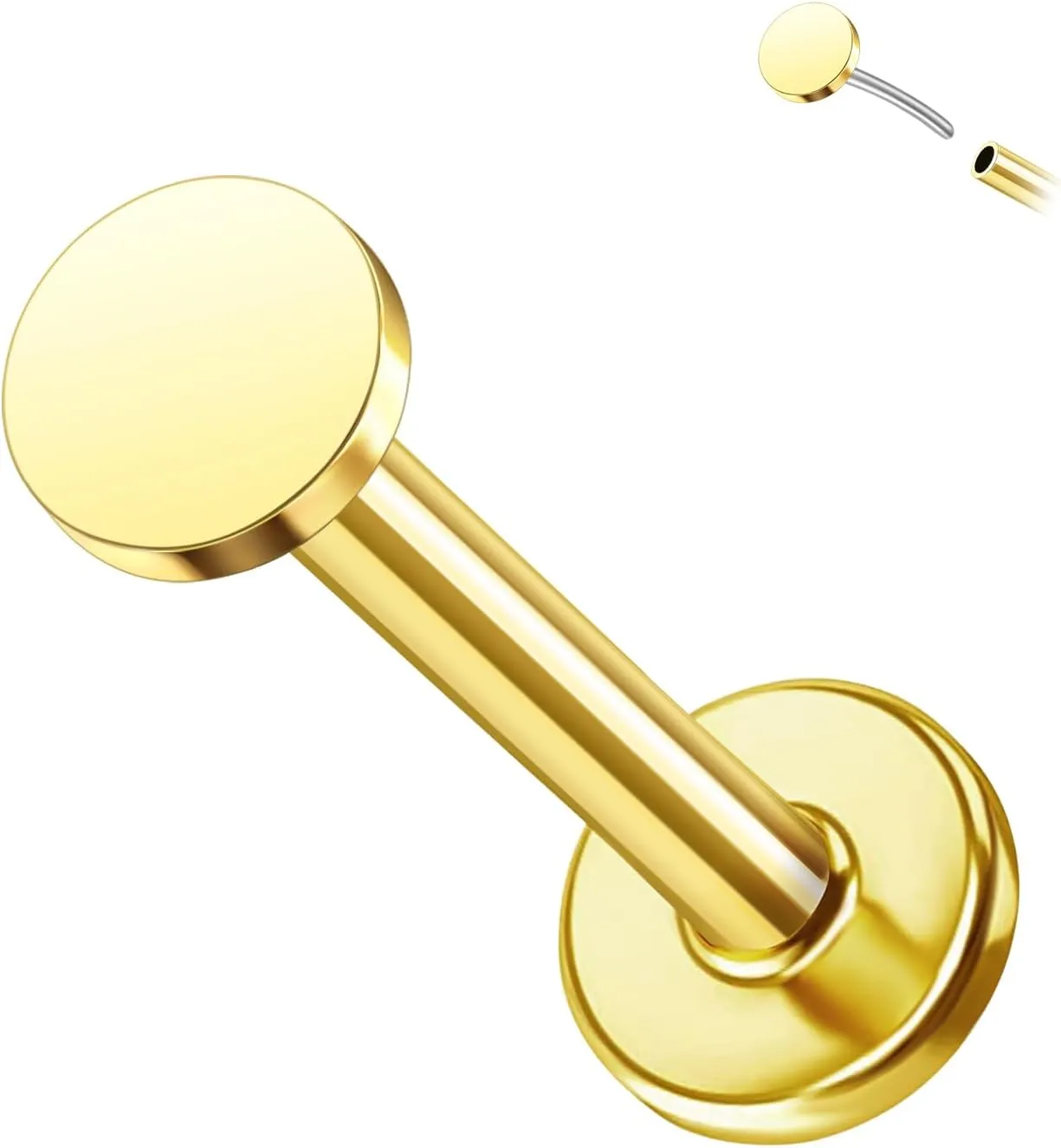 1 Pcs 14K Gold Threadless Flat Back Earring, 16G 2mm/3mm Disc Threadless Earrings for Women, Gold Vertical Labret Tragus Monroe Medusa Piercing Jewelry, Conch Earrings 6mm/8mm Bar Length