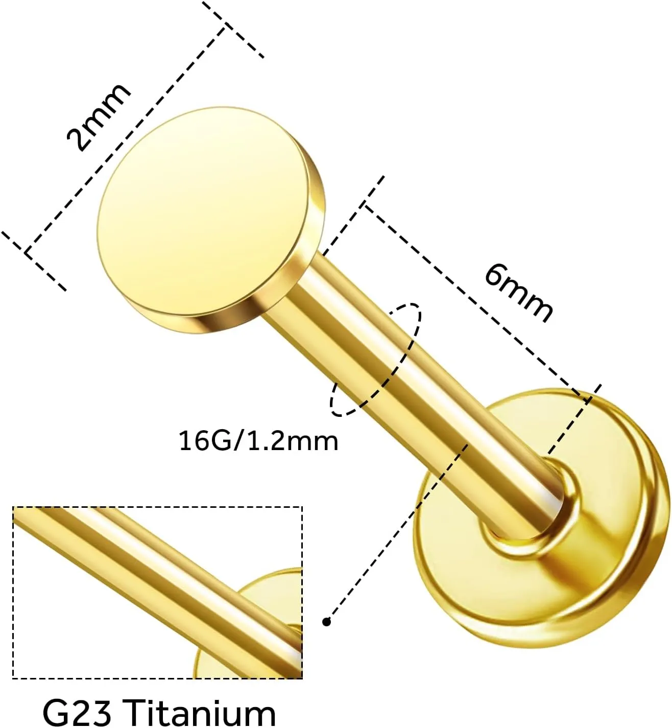 1 Pcs 14K Gold Threadless Flat Back Earring, 16G 2mm/3mm Disc Threadless Earrings for Women, Gold Vertical Labret Tragus Monroe Medusa Piercing Jewelry, Conch Earrings 6mm/8mm Bar Length