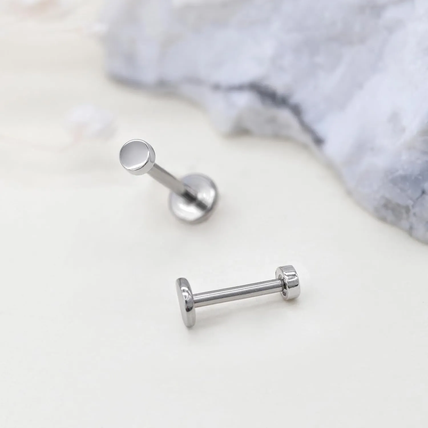 1 Pcs 14K Gold Threadless Flat Back Earring, 16G 2mm/3mm Disc Threadless Earrings for Women, Gold Vertical Labret Tragus Monroe Medusa Piercing Jewelry, Conch Earrings 6mm/8mm Bar Length