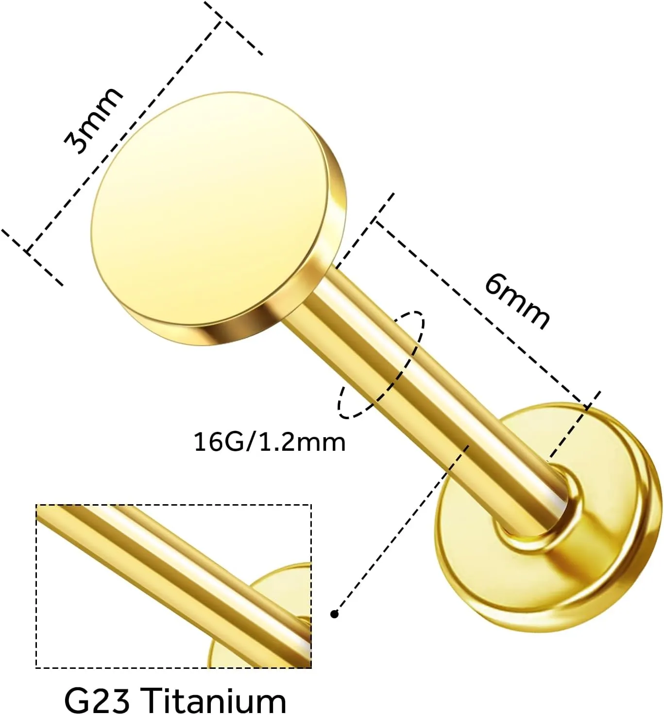 1 Pcs 14K Gold Threadless Flat Back Earring, 16G 2mm/3mm Disc Threadless Earrings for Women, Gold Vertical Labret Tragus Monroe Medusa Piercing Jewelry, Conch Earrings 6mm/8mm Bar Length