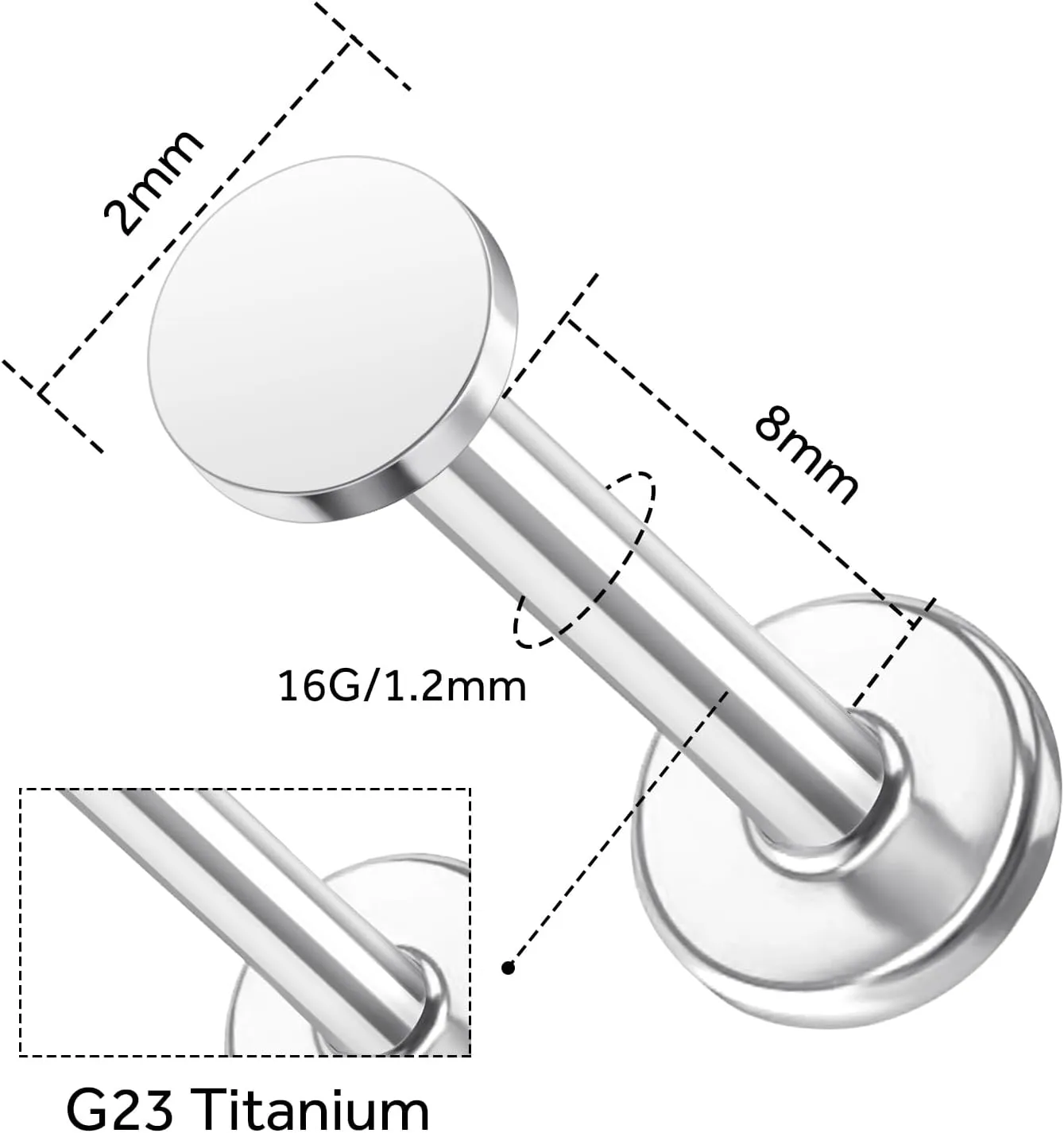 1 Pcs 14K Gold Threadless Flat Back Earring, 16G 2mm/3mm Disc Threadless Earrings for Women, Gold Vertical Labret Tragus Monroe Medusa Piercing Jewelry, Conch Earrings 6mm/8mm Bar Length