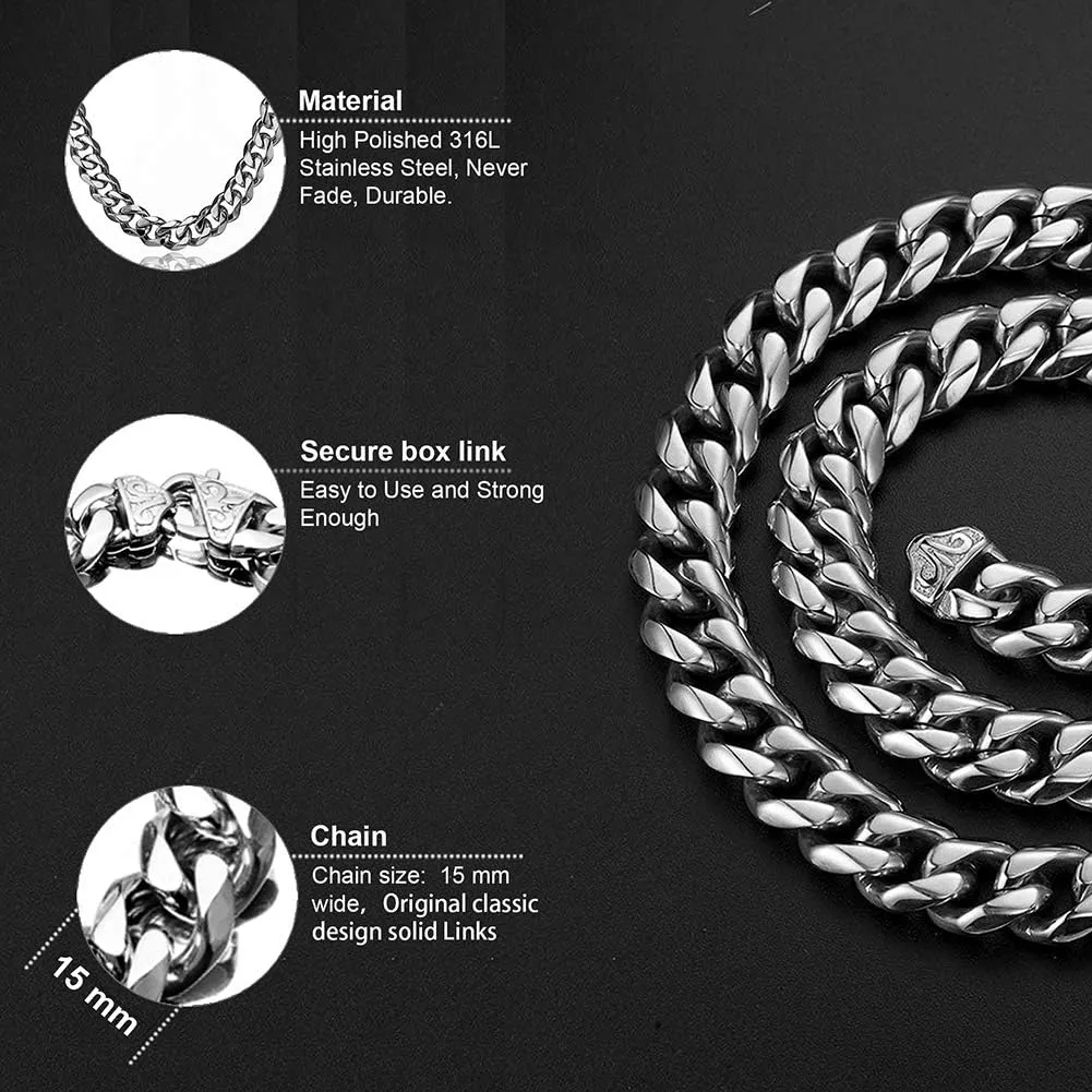 12/15mm Polishing Silver Stainless Steel Curb Cuban Link Chain Necklace Men's Jewelry,16-36"