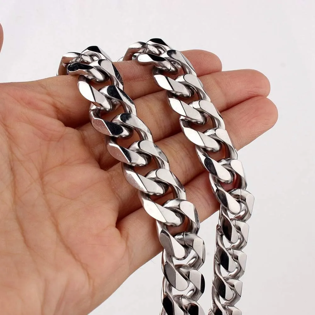 12/15mm Polishing Silver Stainless Steel Curb Cuban Link Chain Necklace Men's Jewelry,16-36"