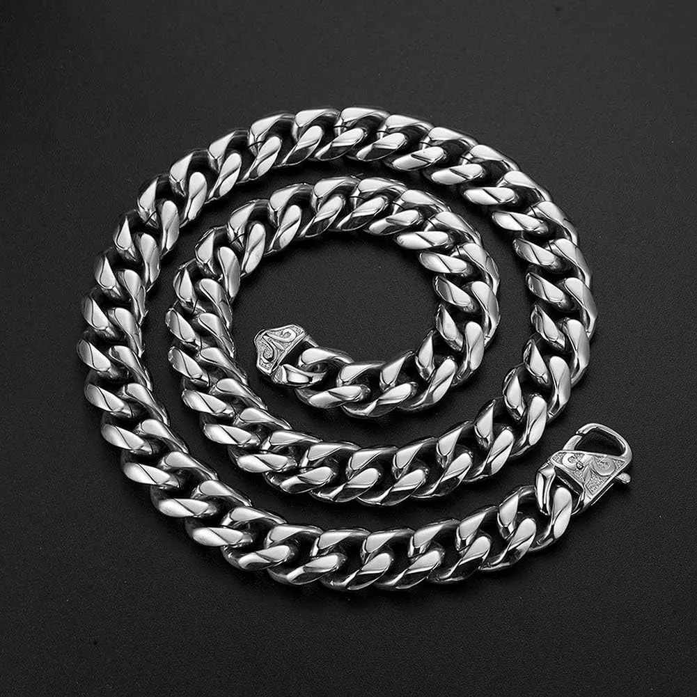12/15mm Polishing Silver Stainless Steel Curb Cuban Link Chain Necklace Men's Jewelry,16-36"