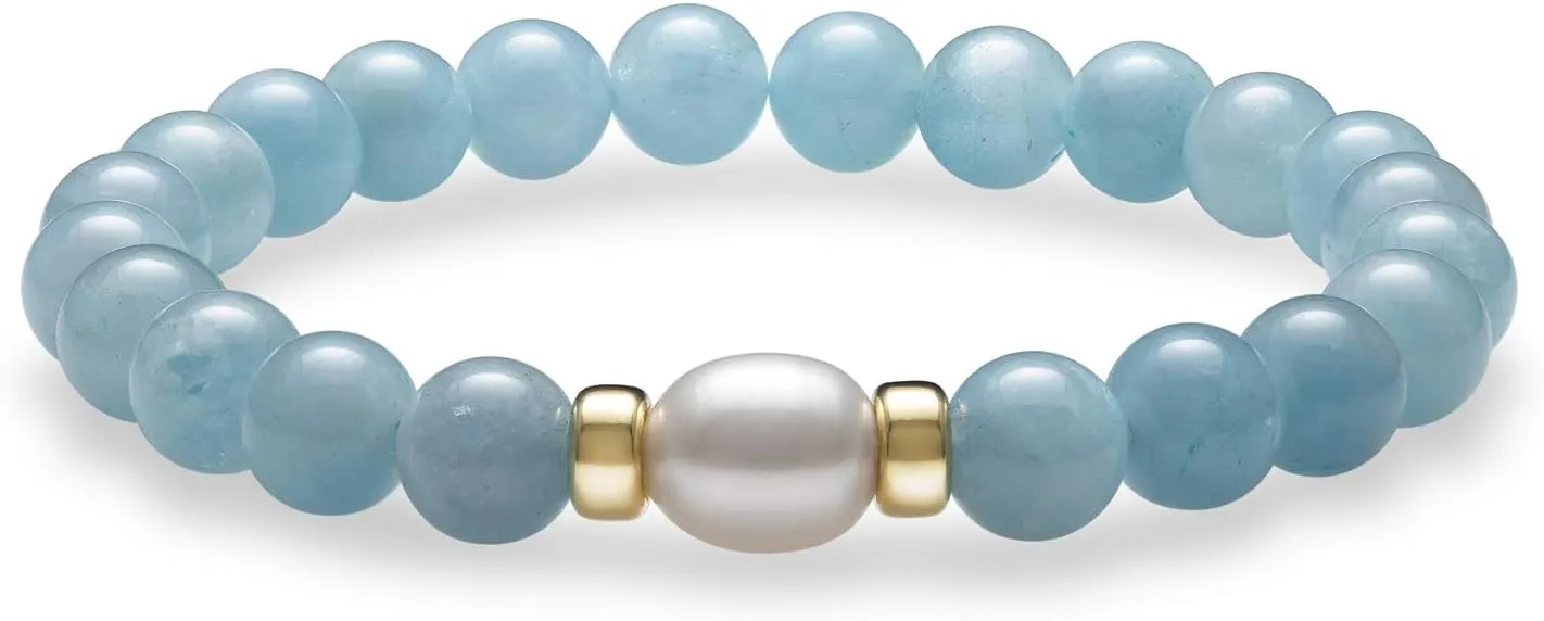 14K Gold Aquamarine and Freshwater Pearl Stretch Bracelet for Women