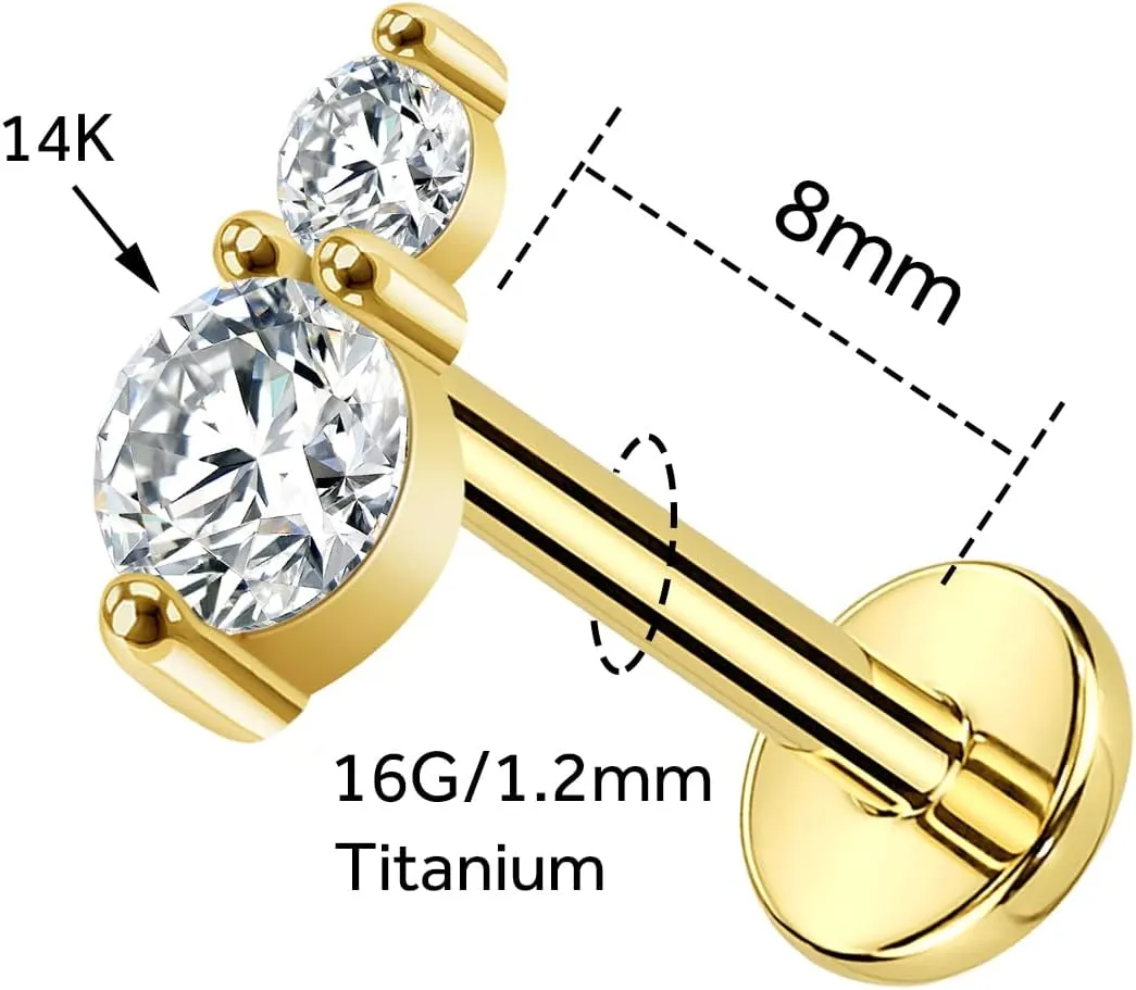 14K Gold Threadless Cartilage Earring Stud Piercing Jewelry 16G Flat Back Top Push In Helix Tragus Labret Stud Tragus Earrings Stud Threadless Labret Rings