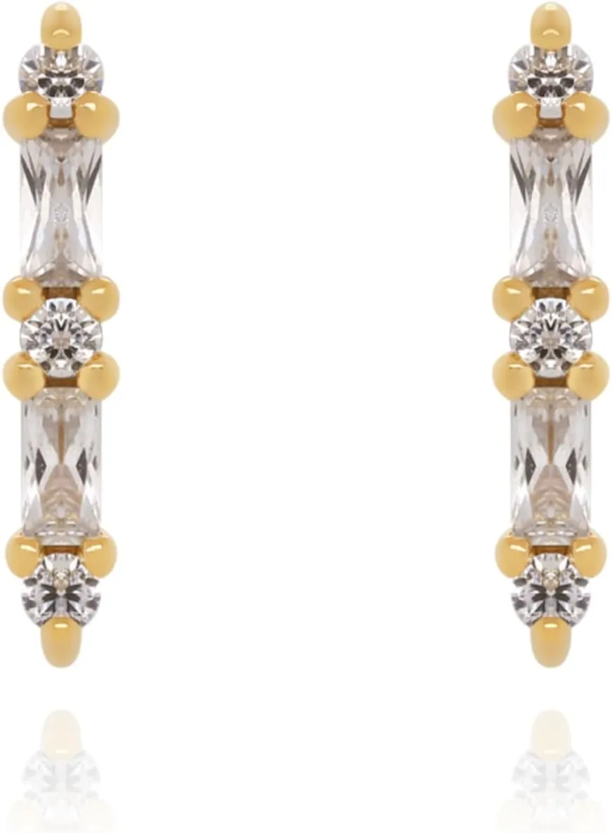 14K Solid Gold Fancy Wand Diamond Stud Earrings, Baguette and Diamond (0.26ct) Bar Cluster Stud, Push back Earrings, Minimalist Jewelry Gift