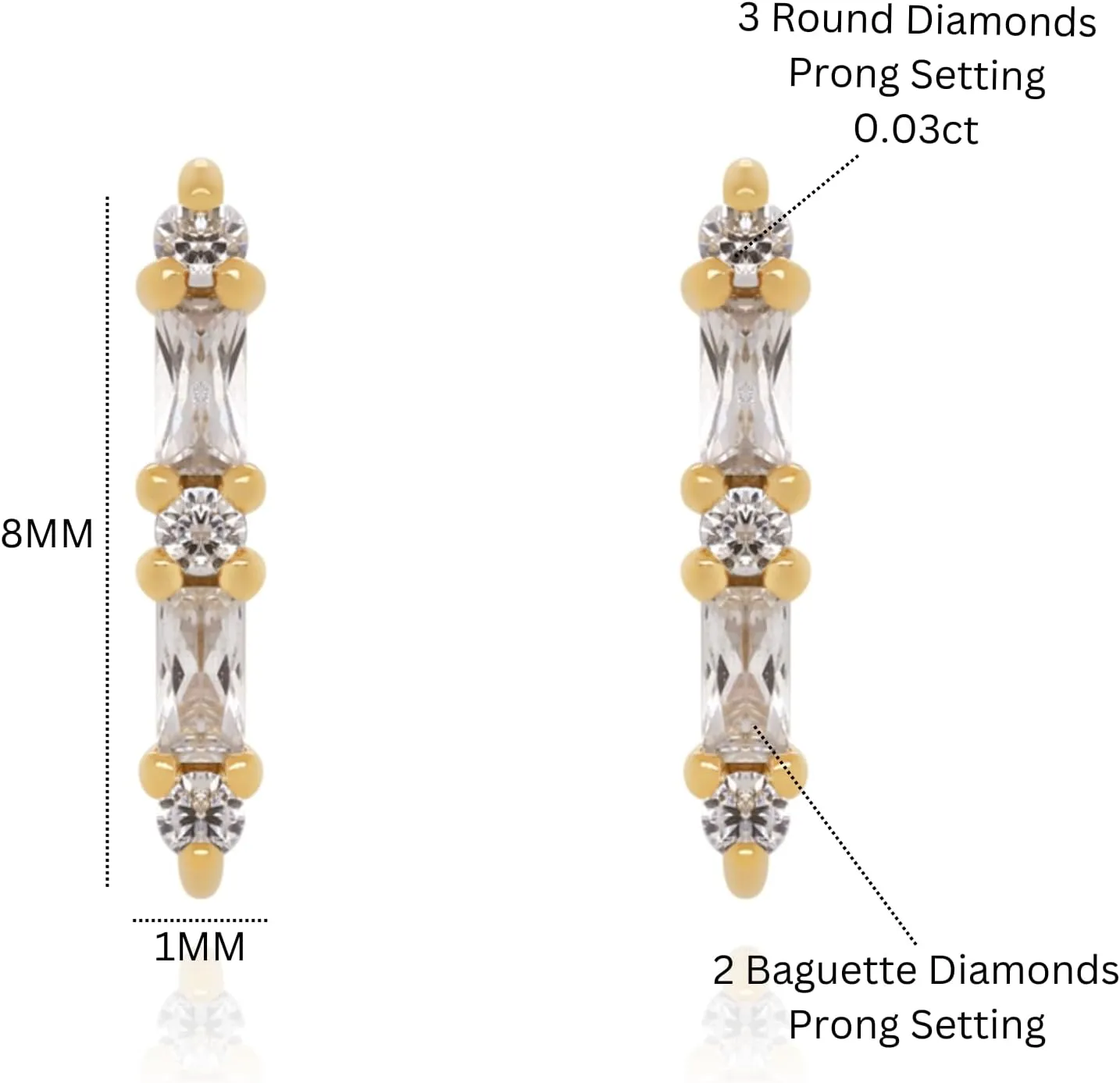 14K Solid Gold Fancy Wand Diamond Stud Earrings, Baguette and Diamond (0.26ct) Bar Cluster Stud, Push back Earrings, Minimalist Jewelry Gift