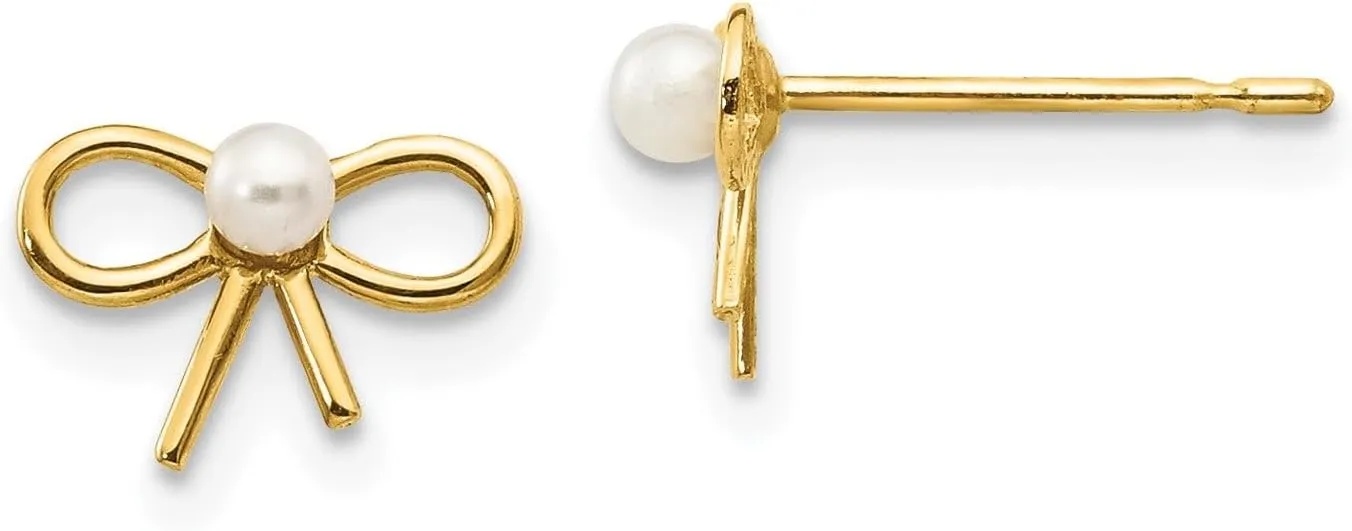 14k Yellow Gold Fresh Water Cultured Pearl Bow Post Stud Earrings, 6x9mm