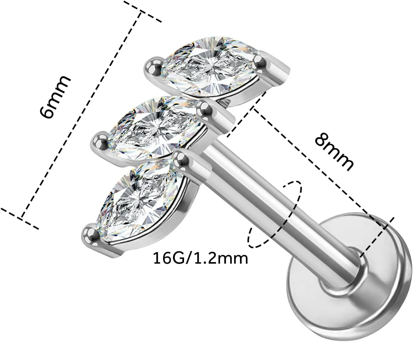 14K Yellow/White Gold 16G Threadless Cartilage Earring for Women, 6mm 8mm Top Push in Threadless Flat Back Stud Lip Ring Threadless Earring Helix Stud Tragus Piercing (1 Pcs)