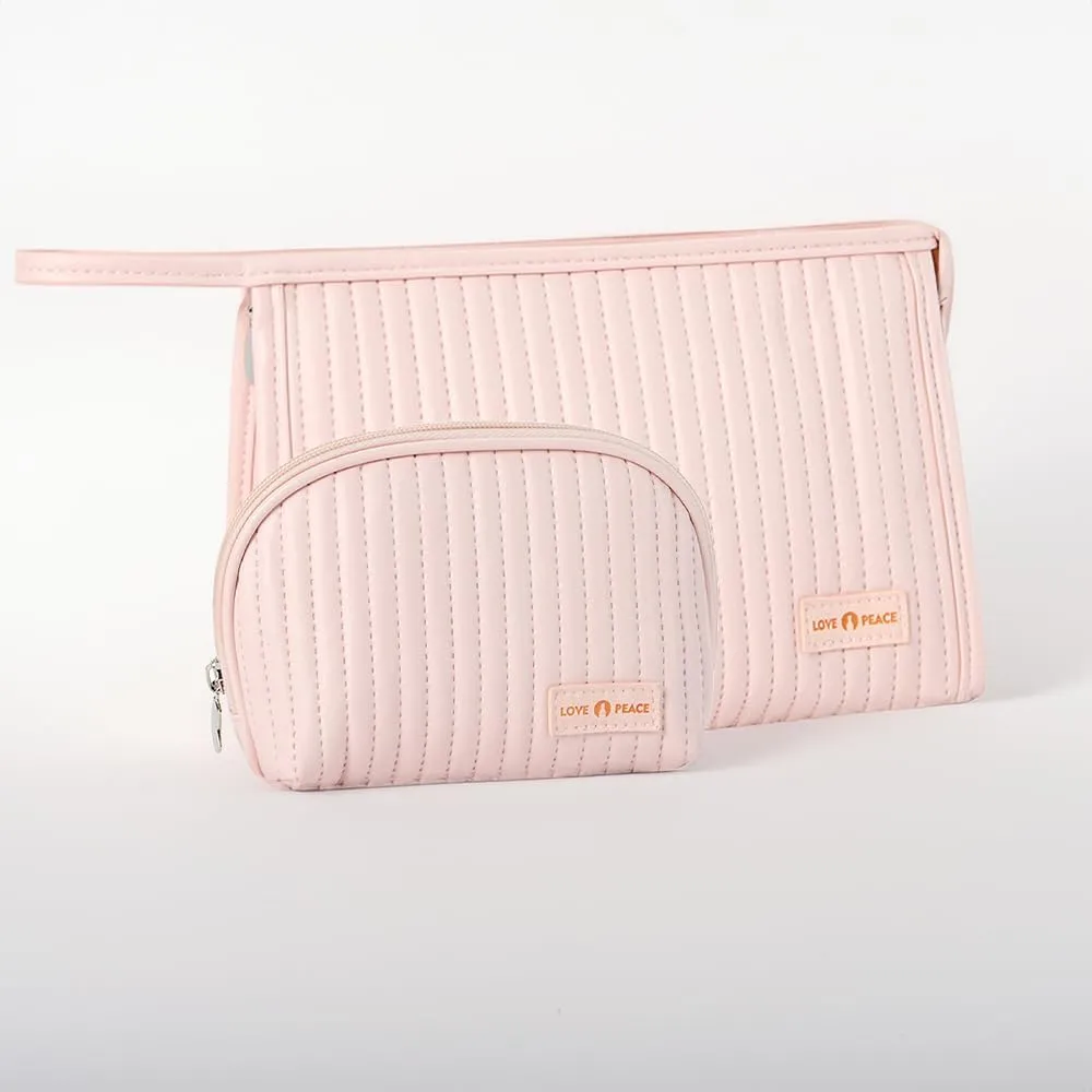 2 Pcs Makeup Bag, Pink Quilted Makeup Bag, Wristlet Makeup Clutch Bag for Travel, Purse Essentials (Pink)
