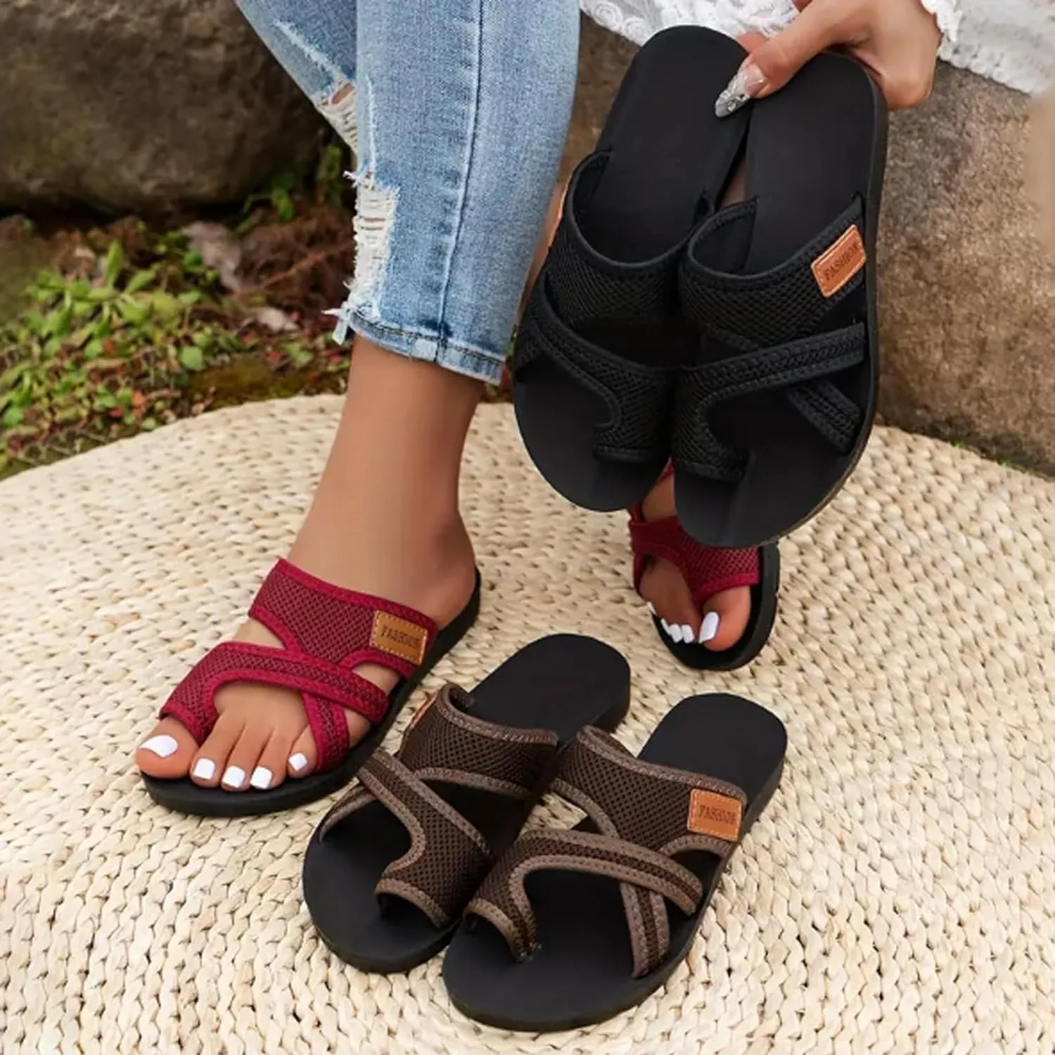 2024 Women's Hollow Mesh Slide Sandals, Summer Fashion Hollow Mesh Slide Sandals Casual Loop Toe Flat Orthopedic Shoes