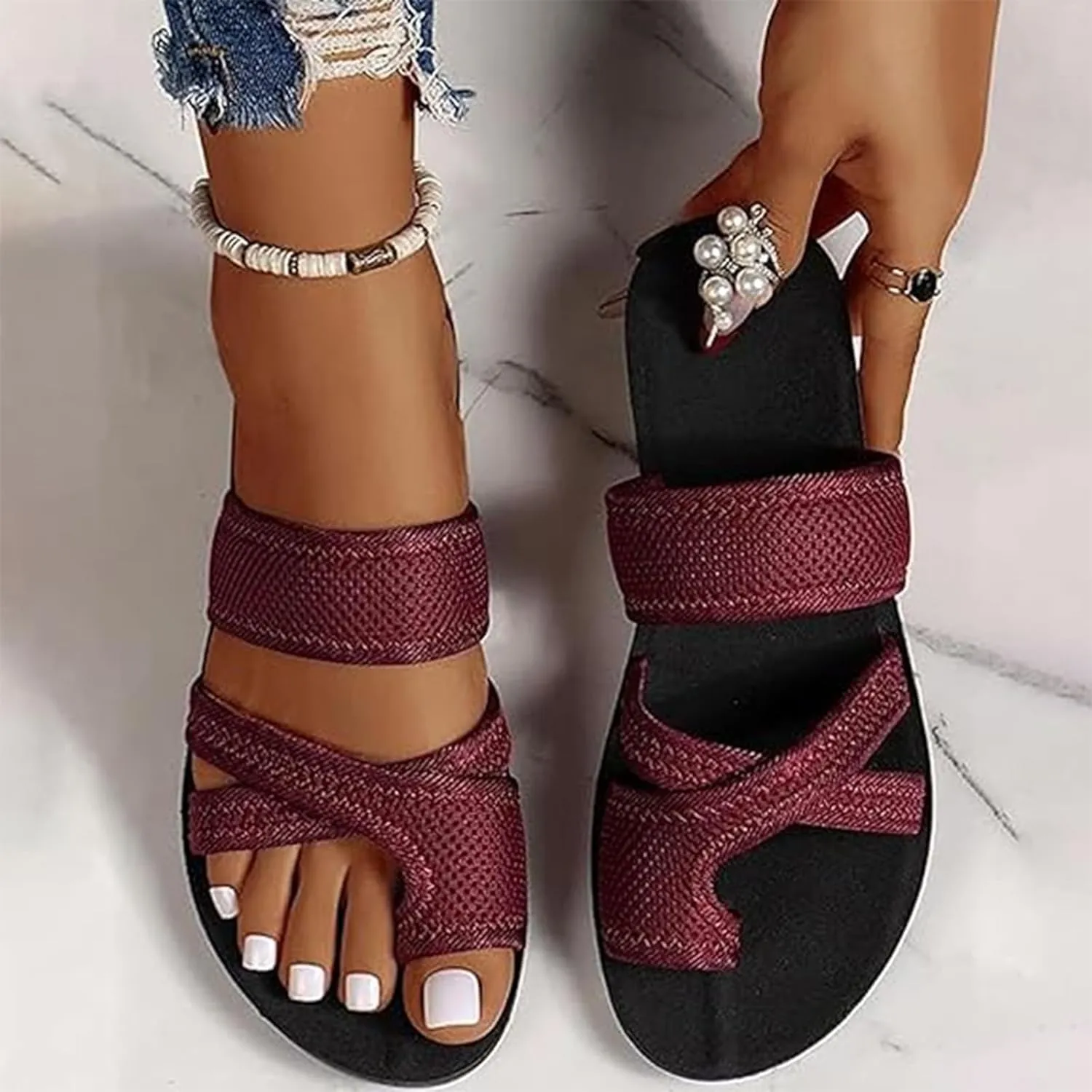 2024women's Hollow Mesh Slide Sandals, Hollow Mesh Slide Sandals With Loop Toe, Arch Support Soft Cushion Orthopedic Shoes