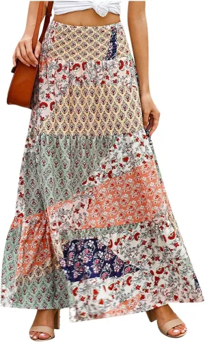 2025 Bohemian Long Skirts for Women Print High Waist A Line Maxi Skirts Summer Casual Printed Pleated Ruffle Flowy Skirt
