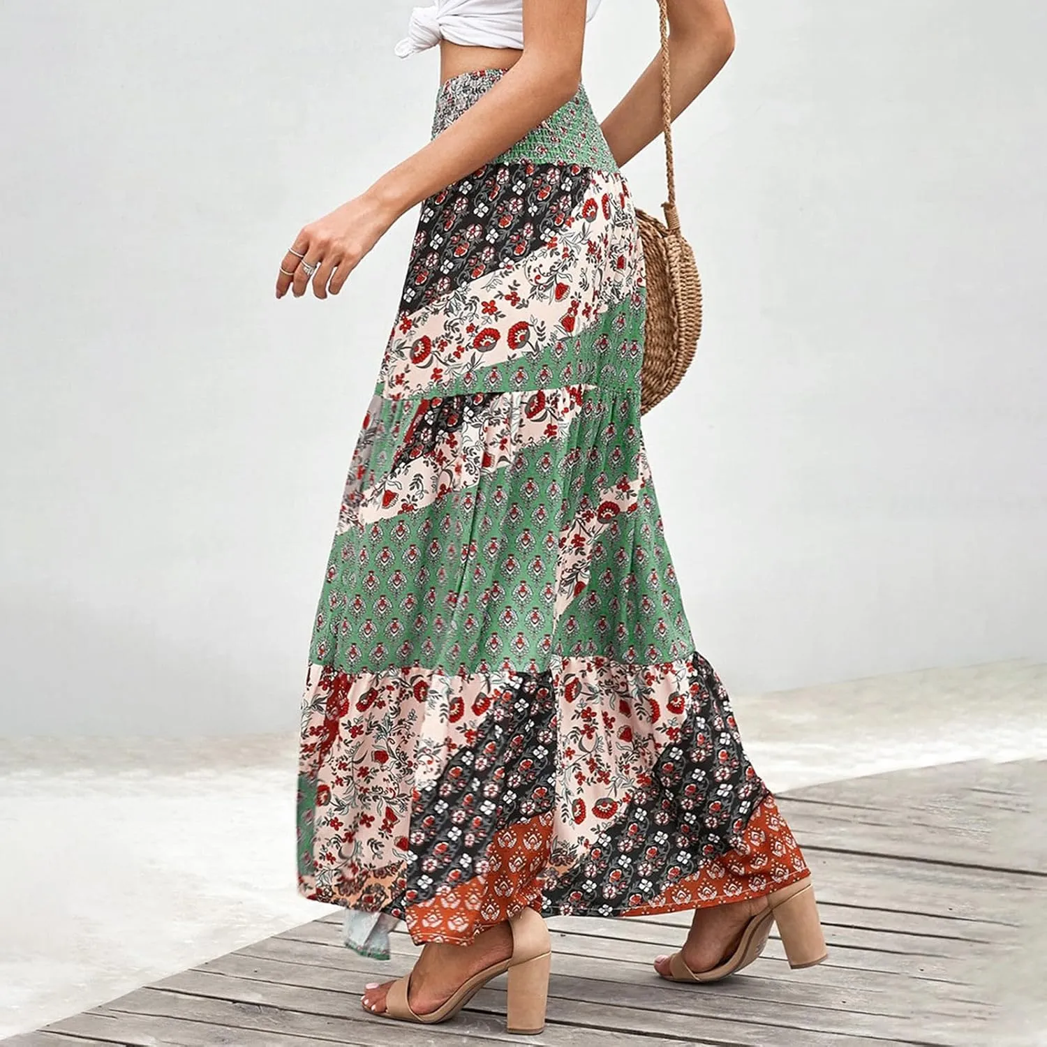 2025 Bohemian Long Skirts for Women Print High Waist A Line Maxi Skirts Summer Casual Printed Pleated Ruffle Flowy Skirt