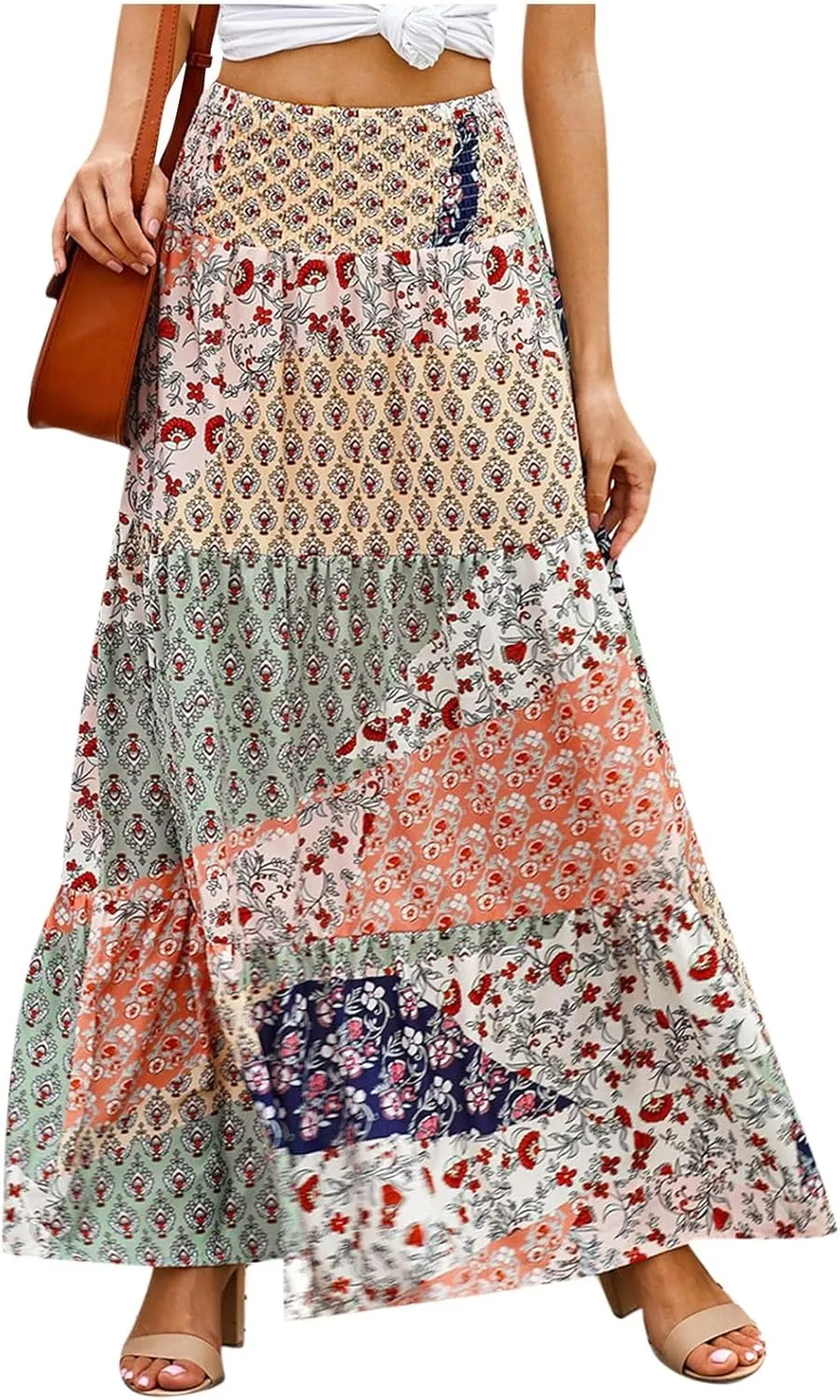 2025 Bohemian Long Skirts for Women Print High Waist A Line Maxi Skirts Summer Casual Printed Pleated Ruffle Flowy Skirt