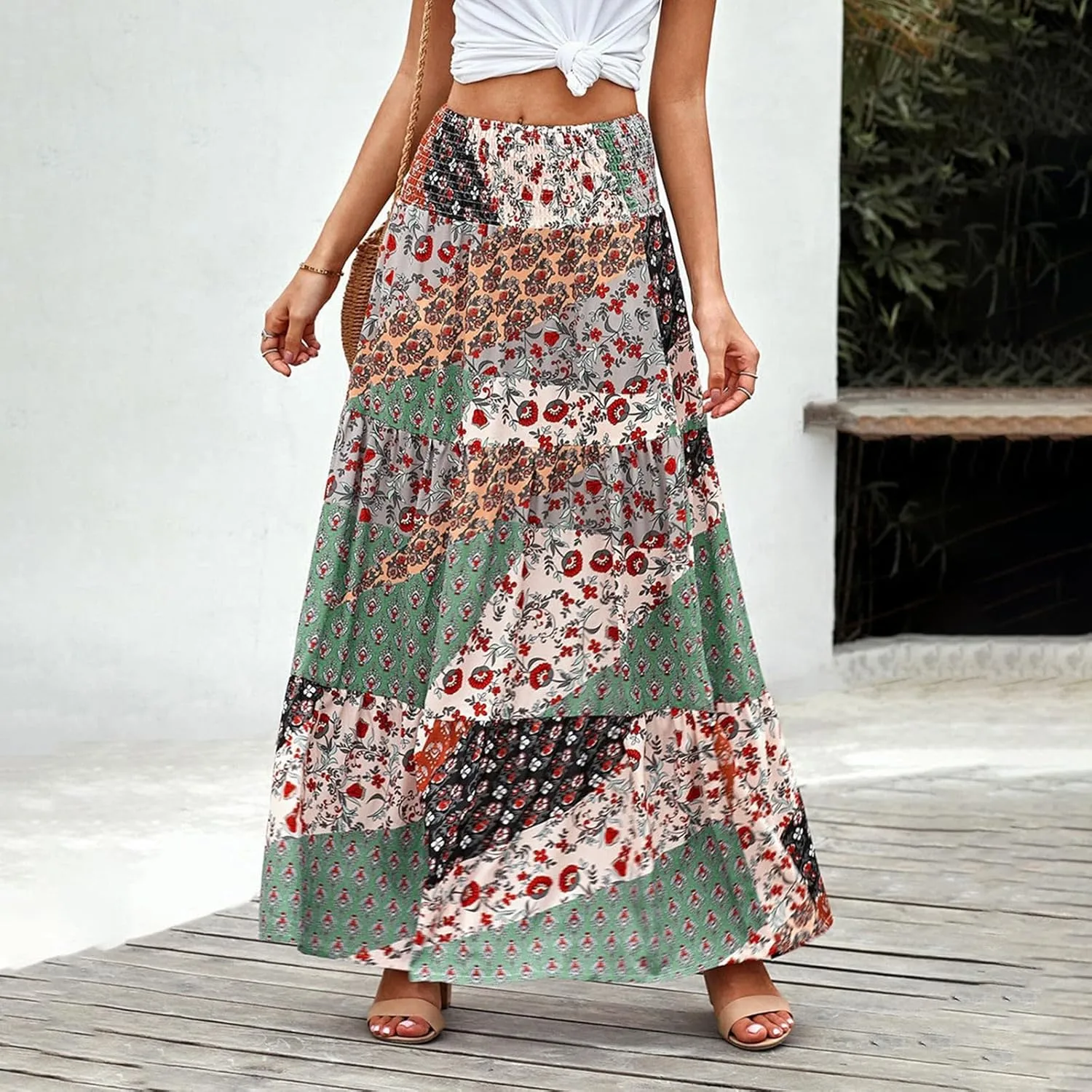 2025 Bohemian Long Skirts for Women Print High Waist A Line Maxi Skirts Summer Casual Printed Pleated Ruffle Flowy Skirt