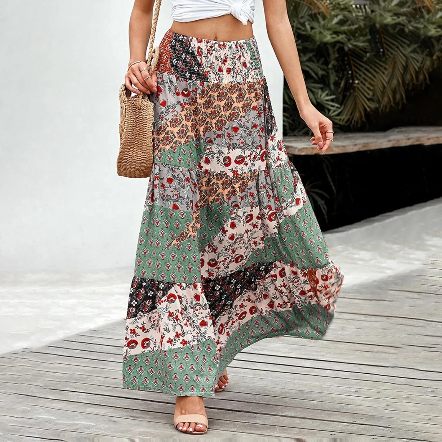 2025 Bohemian Long Skirts for Women Print High Waist A Line Maxi Skirts Summer Casual Printed Pleated Ruffle Flowy Skirt