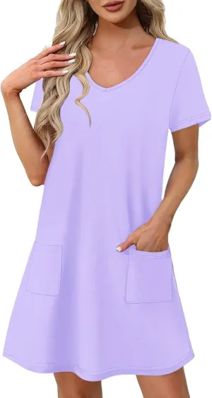 2025 Summer Dresses for Women Solid Color Short Sleeve Pleated A-Linen Dress Casual V-Neck Comfy Soft Home Dress