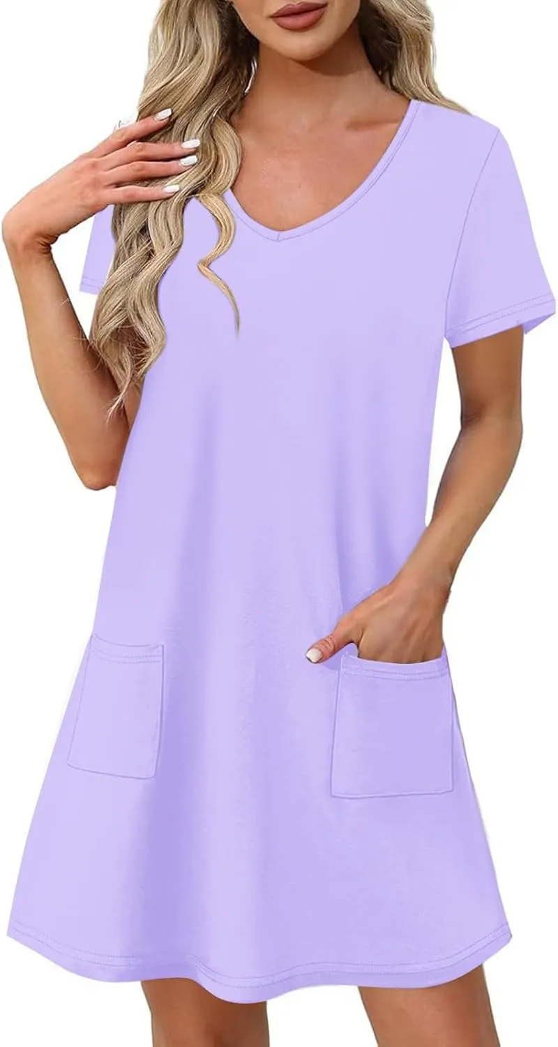 2025 Summer Dresses for Women Solid Color Short Sleeve Pleated A-Linen Dress Casual V-Neck Comfy Soft Home Dress