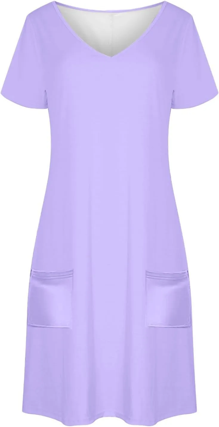 2025 Summer Dresses for Women Solid Color Short Sleeve Pleated A-Linen Dress Casual V-Neck Comfy Soft Home Dress