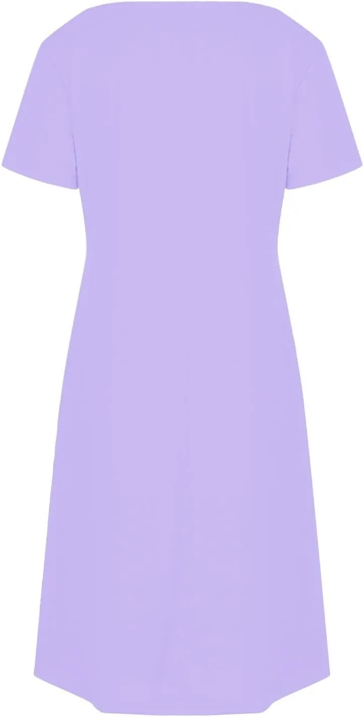 2025 Summer Dresses for Women Solid Color Short Sleeve Pleated A-Linen Dress Casual V-Neck Comfy Soft Home Dress