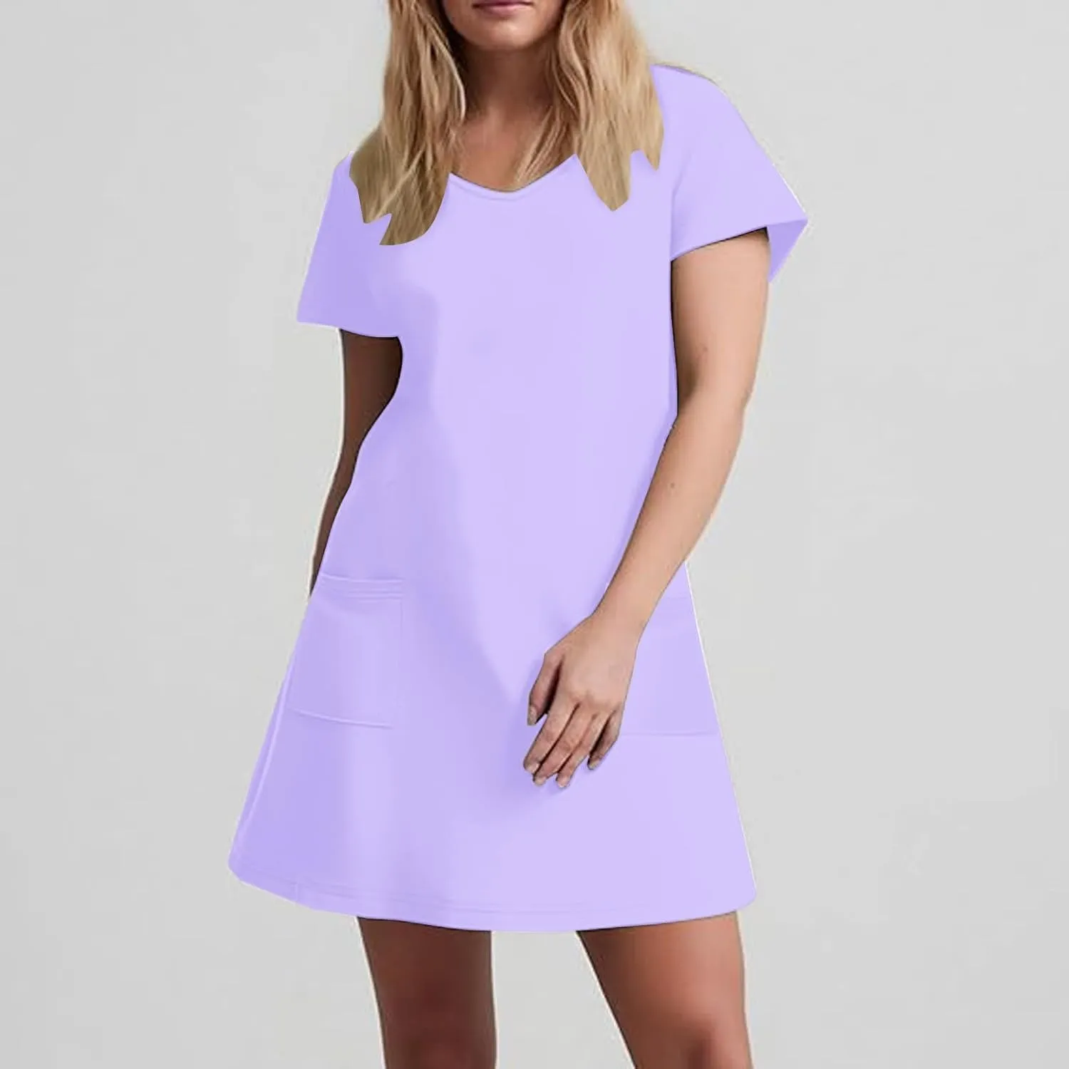 2025 Summer Dresses for Women Solid Color Short Sleeve Pleated A-Linen Dress Casual V-Neck Comfy Soft Home Dress