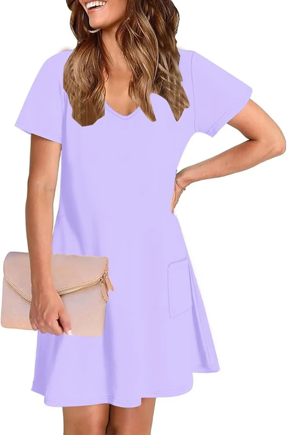 2025 Summer Dresses for Women Solid Color Short Sleeve Pleated A-Linen Dress Casual V-Neck Comfy Soft Home Dress