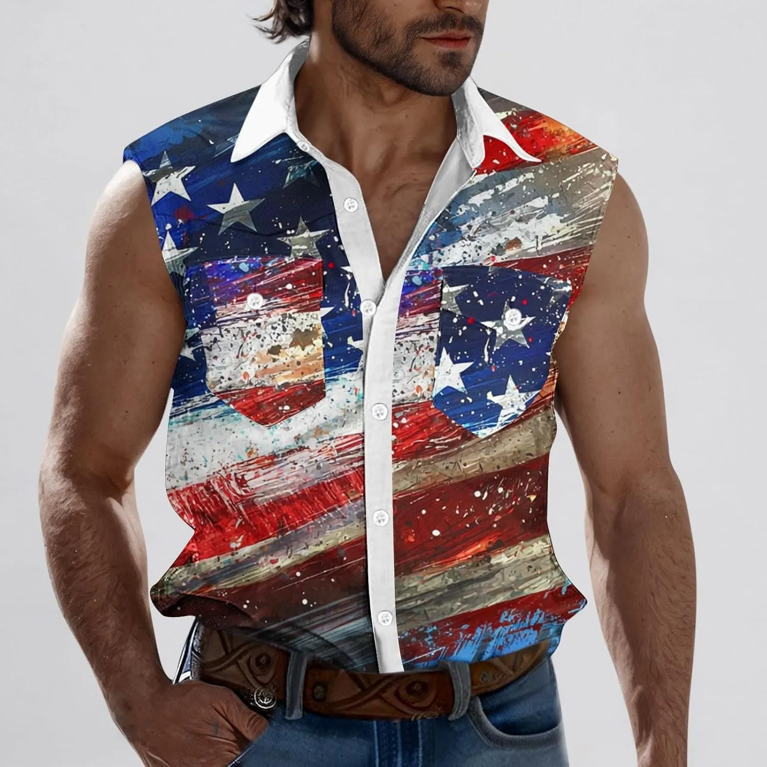 2025 USA Flag Striped Shirts for Men Casual Button Down Collared Tank Tops Summer Sleeveless Shirt Beach Active Tees