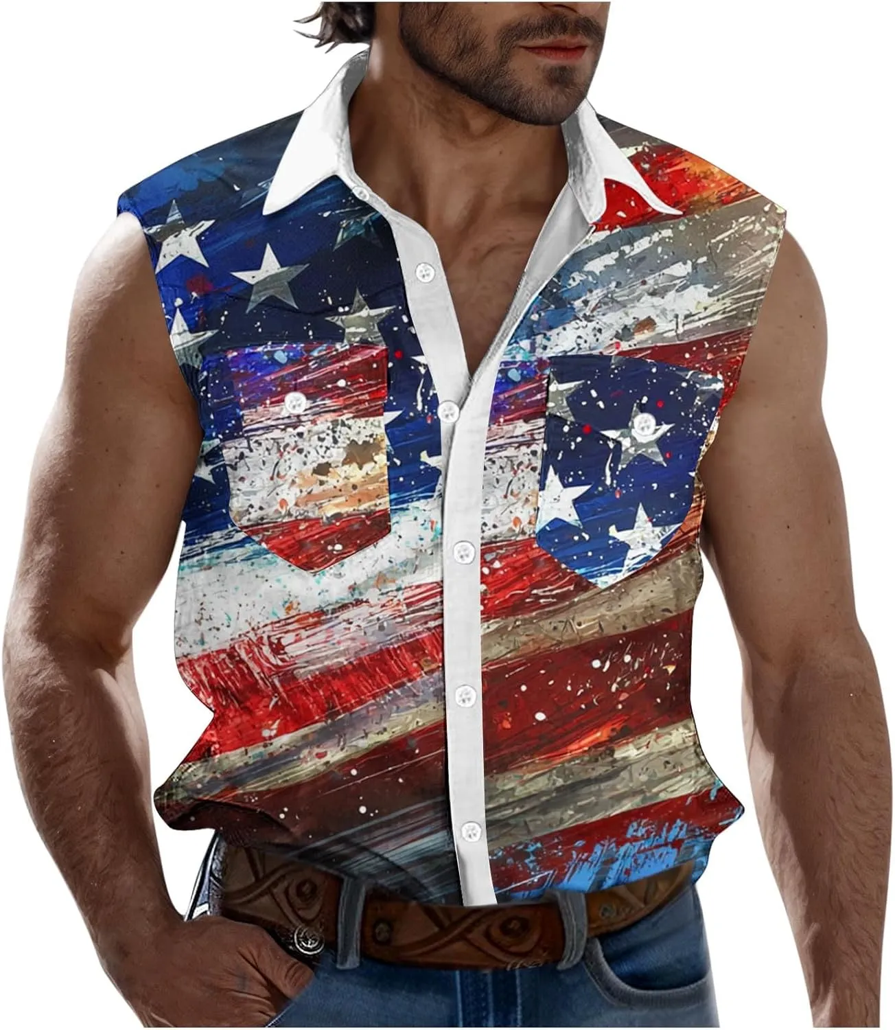 2025 USA Flag Striped Shirts for Men Casual Button Down Collared Tank Tops Summer Sleeveless Shirt Beach Active Tees
