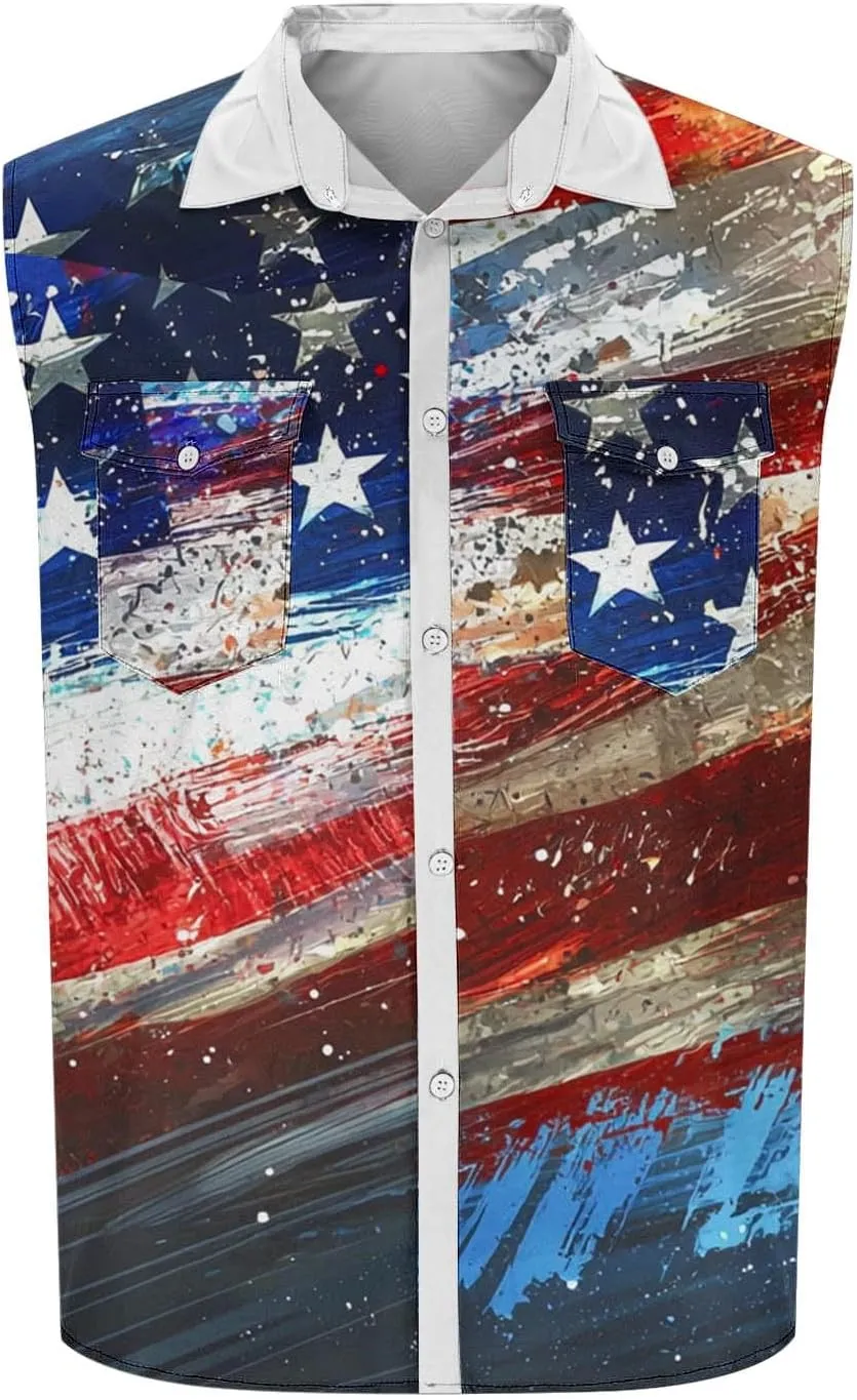 2025 USA Flag Striped Shirts for Men Casual Button Down Collared Tank Tops Summer Sleeveless Shirt Beach Active Tees