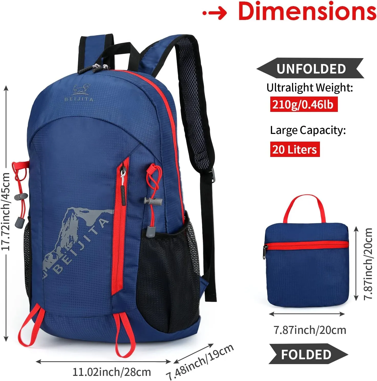 20L Lightweight Foldable Waterproof Hiking Backpack, Packable Travel Daypack for Men Women (Dark Blue)