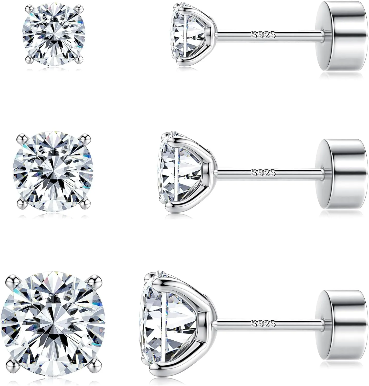 3 Pairs 20G CZ Stud Earrings Flatback 925 Sterling Silver Tragus Cartilage Stud Earrings Set Tiny CZ Stud Flat Back Earrings for Women Men