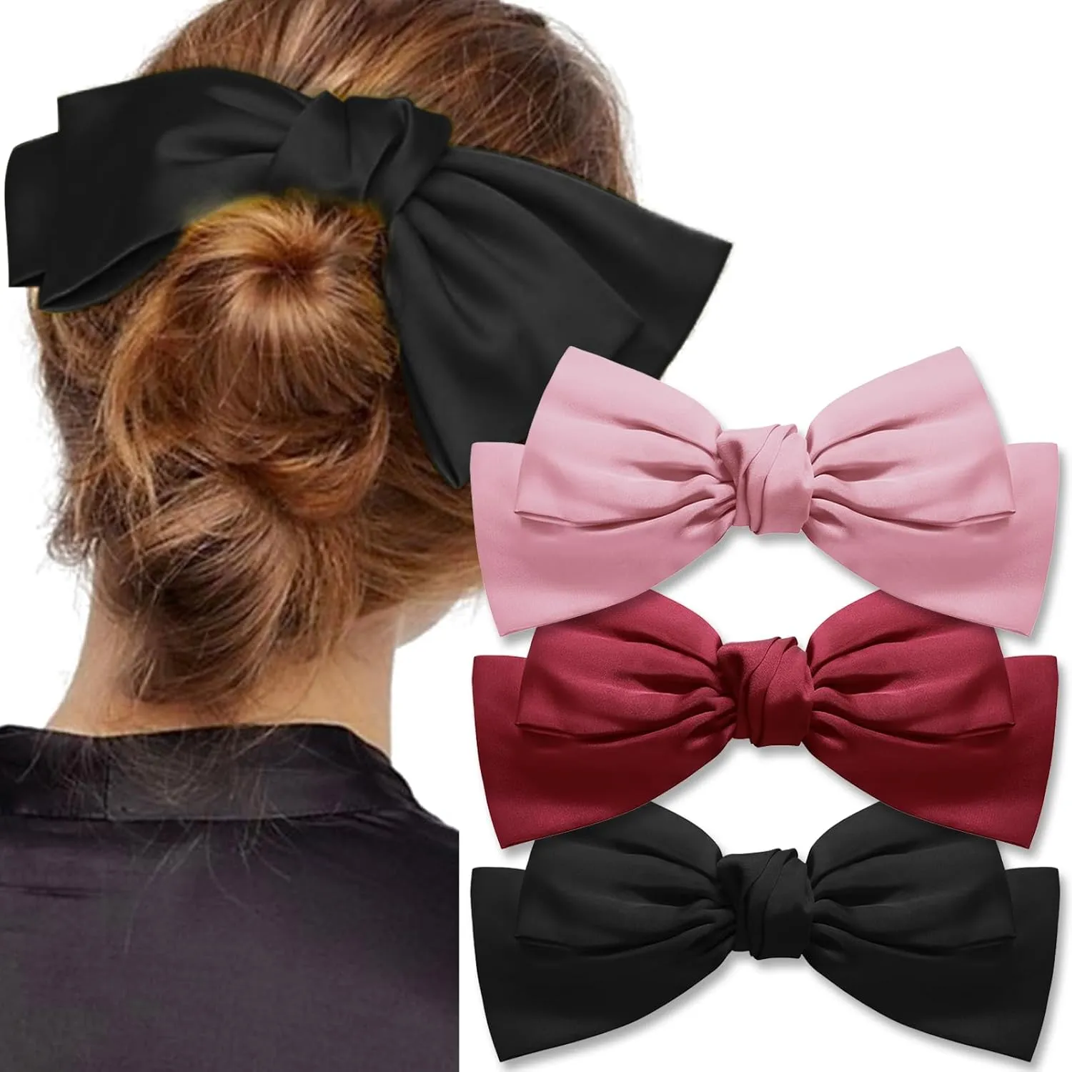3PCS Satin Bow Hair Clips for Women Girls Barrette Hair Clip Large Black Ribbon Bows French Style Hair Accessories