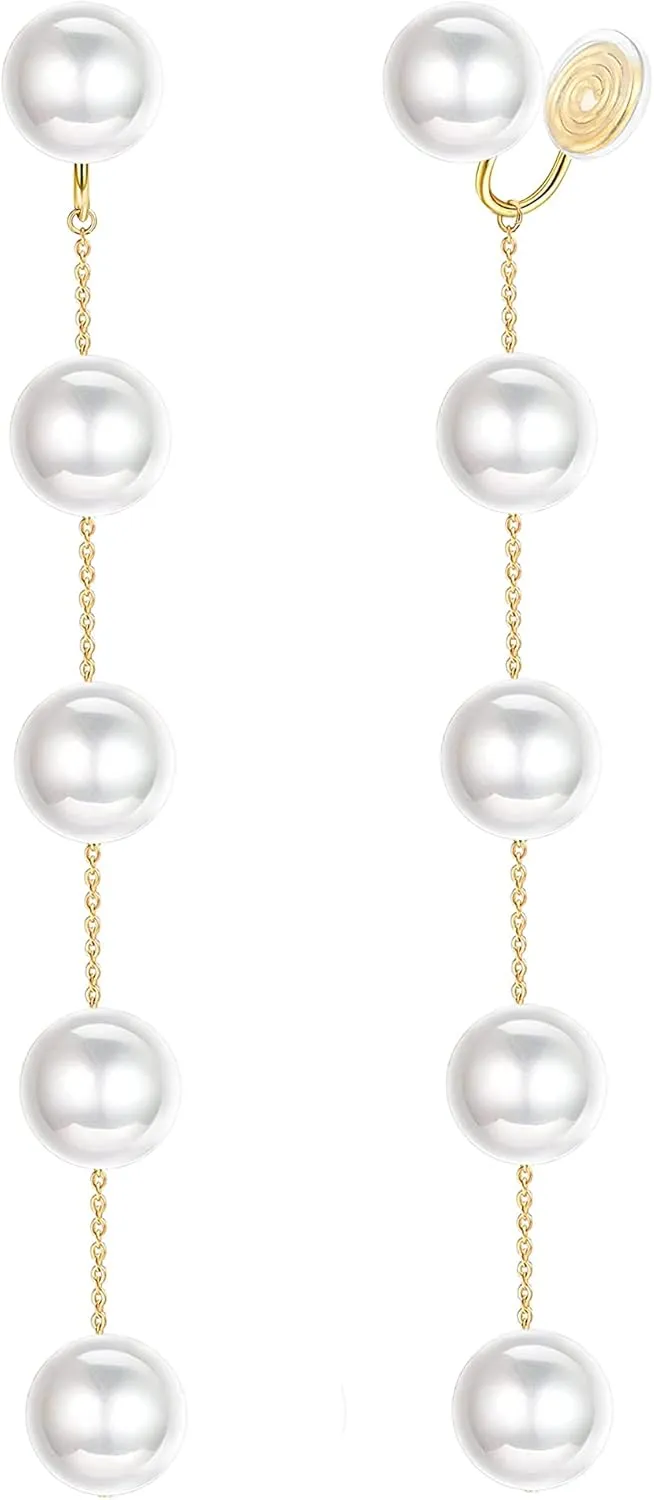 925 Sterling Silver 14mm White Round Pearl Drop Earrings for Women Fashion Dangle Hoop Earrings for Wedding Minimalist Jewelry for Girls
