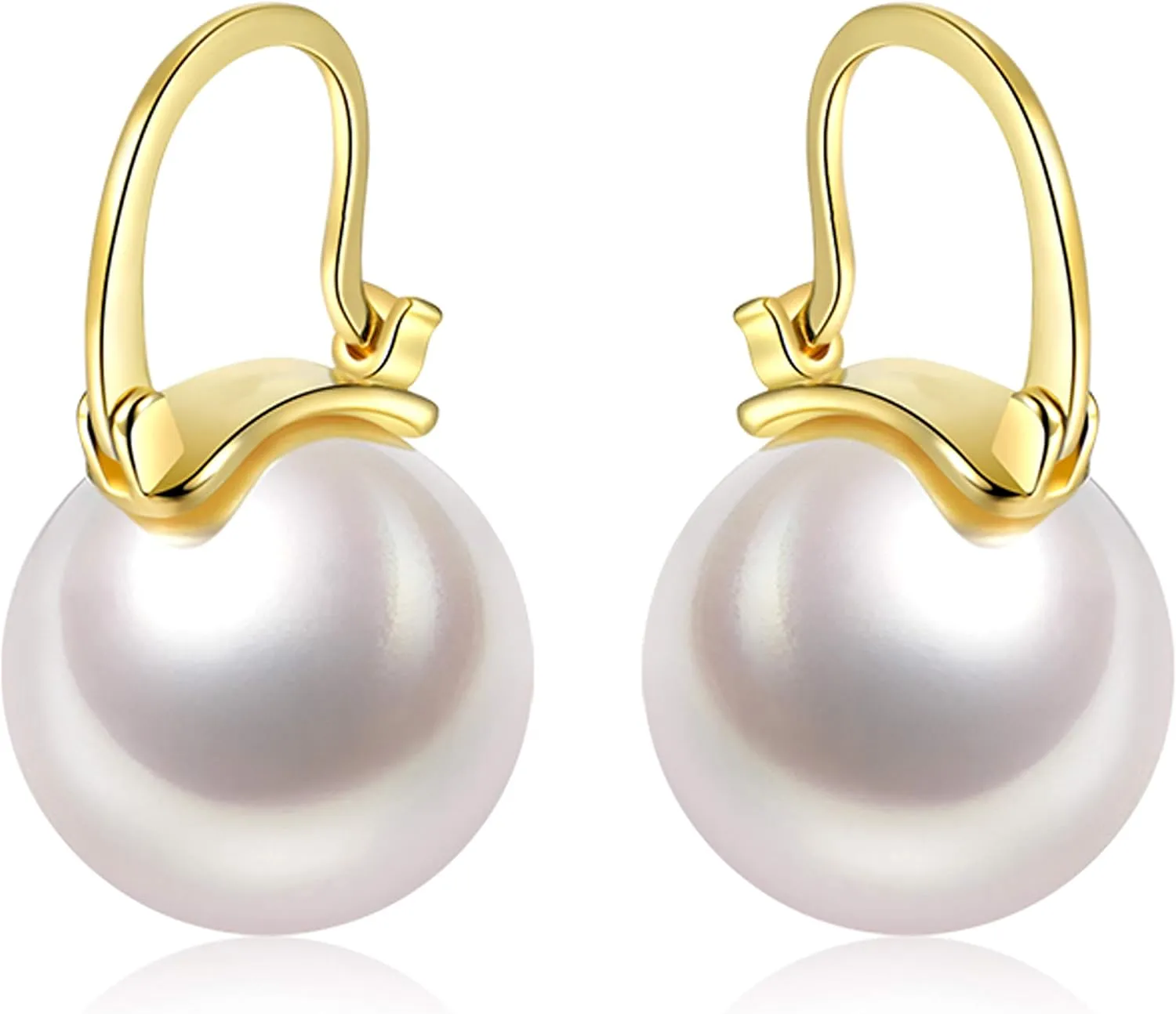 925 Sterling Silver 14mm White Round Pearl Drop Earrings for Women Fashion Dangle Hoop Earrings for Wedding Minimalist Jewelry for Girls