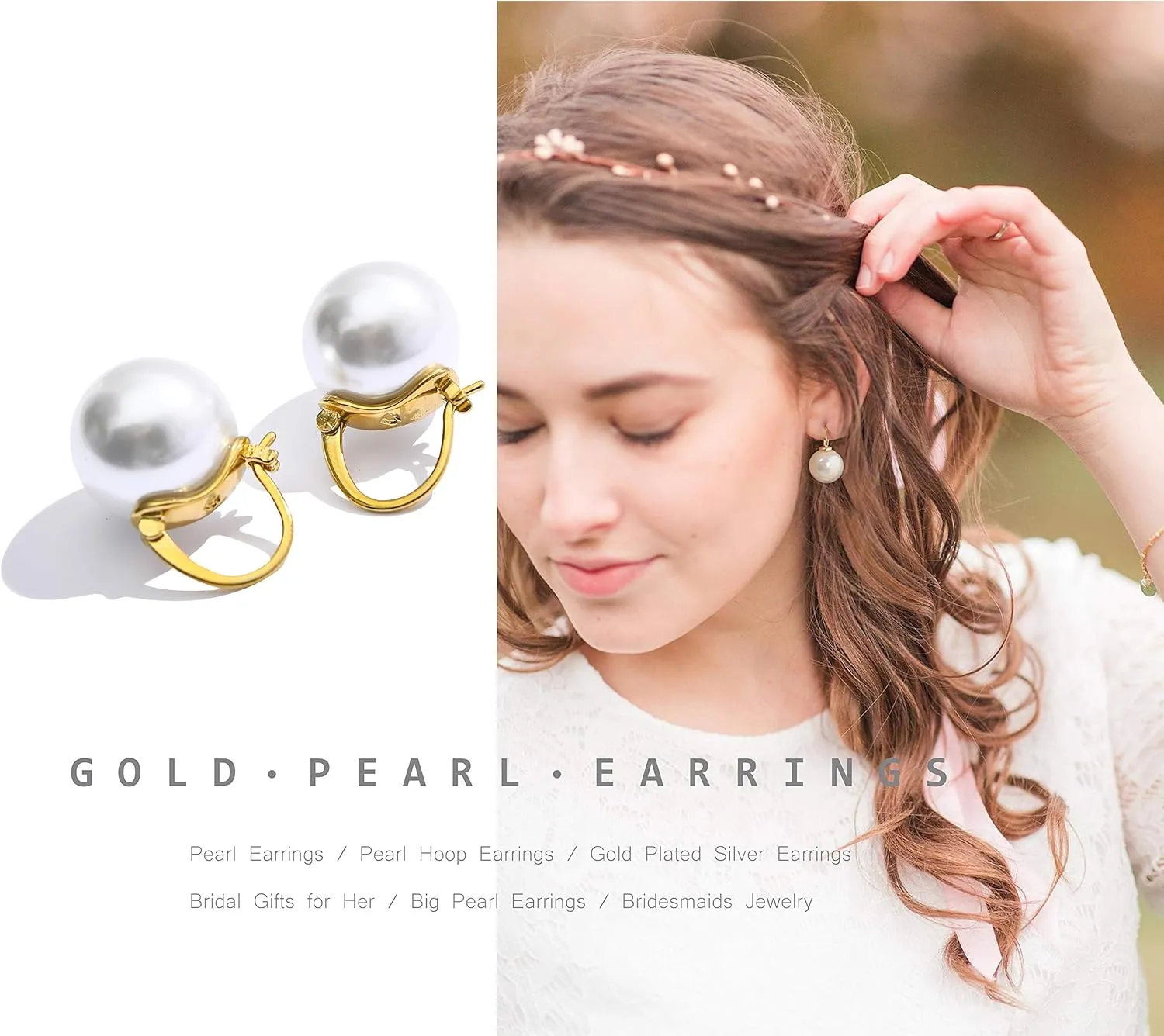 925 Sterling Silver 14mm White Round Pearl Drop Earrings for Women Fashion Dangle Hoop Earrings for Wedding Minimalist Jewelry for Girls