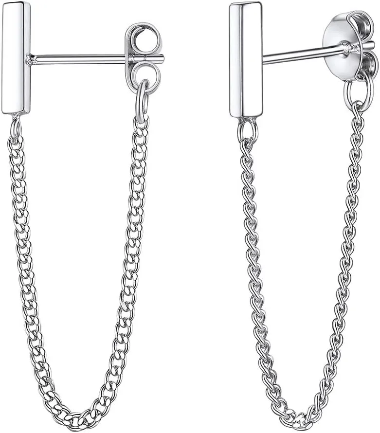 925 Sterling Silver Chain Earrings for Women Minimalist Bar Earrings with Chain Dangle Earrings Simple Hypoallergenic Bar Stud Earrings Stud Earrings for Sensitive Ears