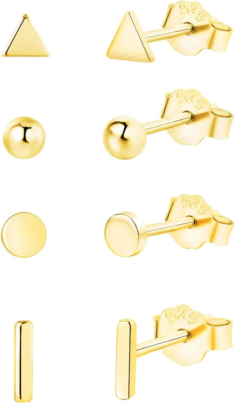 925 Sterling Silver Stud Earrings for Women, 4 Pairs 14K White Gold Plated Hypoallergenic Small Silver Stud Earrings Set for Women Men