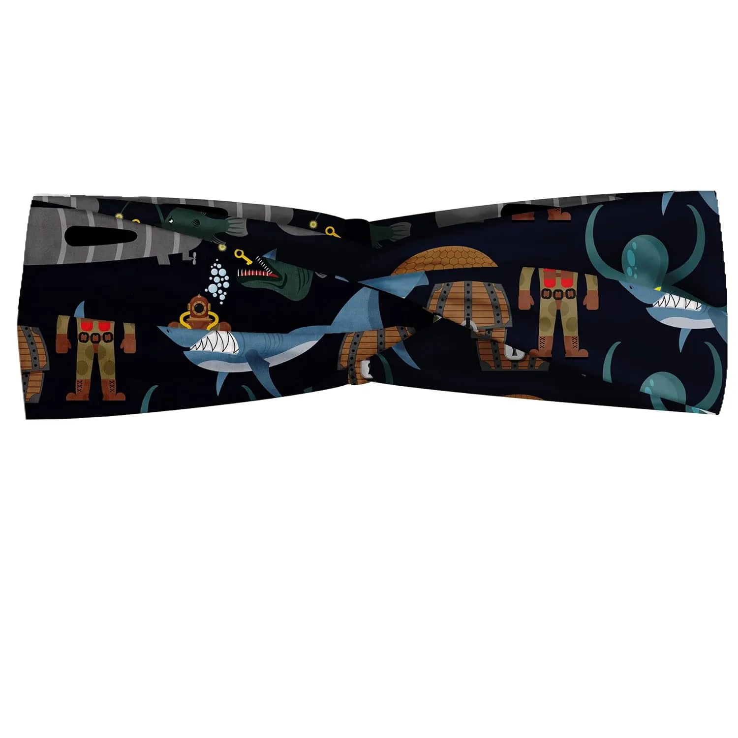 Ambesonne Diver Headband for Women, Ocean Items Pattern Shark Sea Turtle Submarine Octopus Deep Sea Angler Nautical Theme, Elastic Comfy Hair Accessory Knotted Head Wrap Everyday Use, M-L, Multicolor
