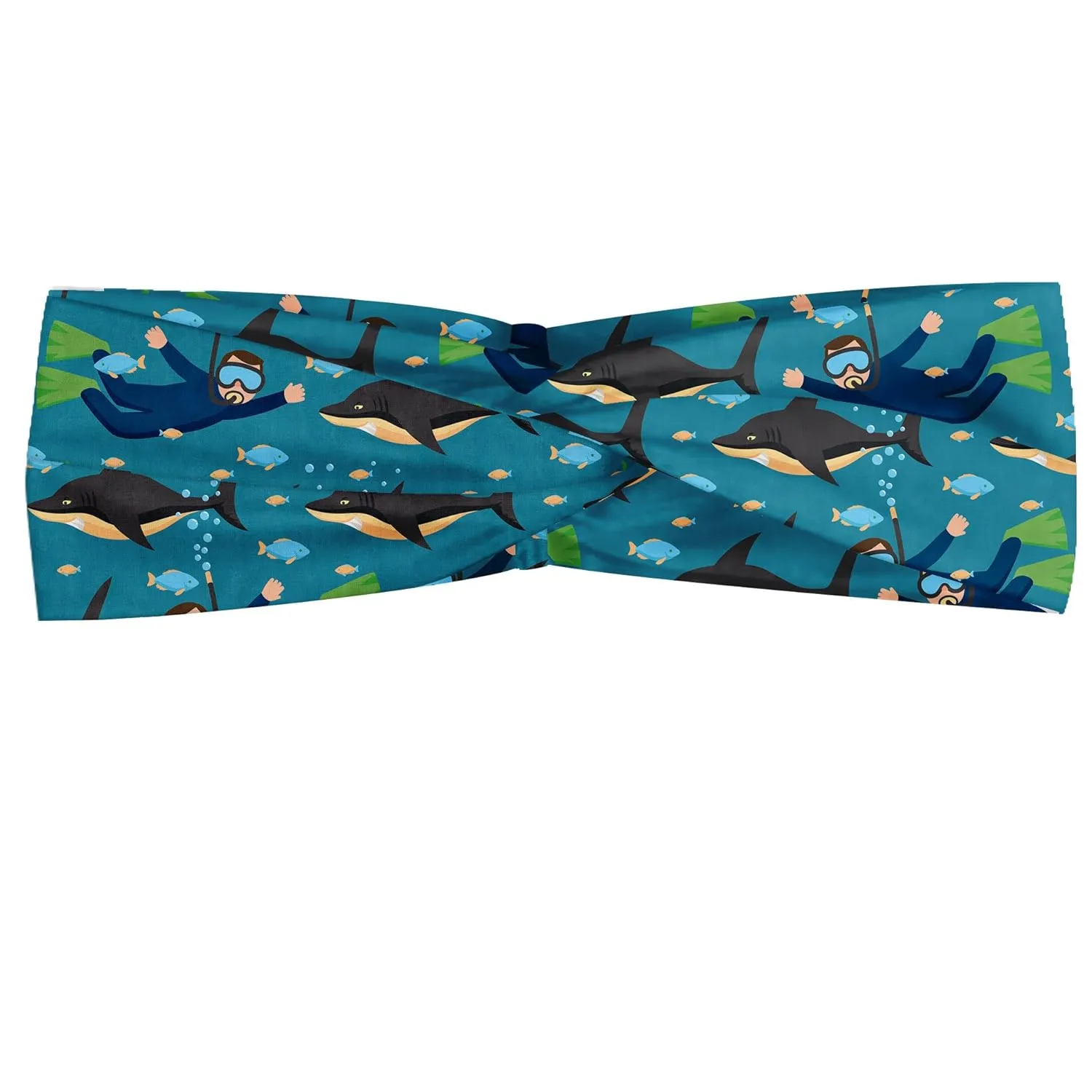 Ambesonne Ocean Headband for Women, Underwater Cartoon of Sharks Fishes and Scuba Diver in Sea Sports Cartoon, Elastic Comfy Hair Accessory Knotted Head Wrap Everyday Use, M-L, Grey and Petrol Blue