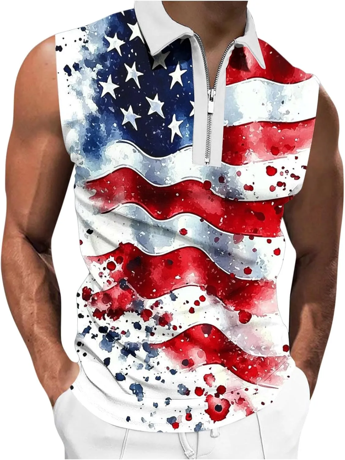 American Flag Striped Tank Tops Mens Sleeveless Shirts Casual Quarter Zip Collared Dressy Top USA Patriotic Vintage Tees