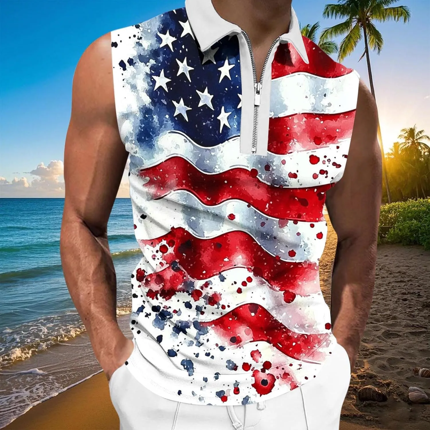 American Flag Striped Tank Tops Mens Sleeveless Shirts Casual Quarter Zip Collared Dressy Top USA Patriotic Vintage Tees