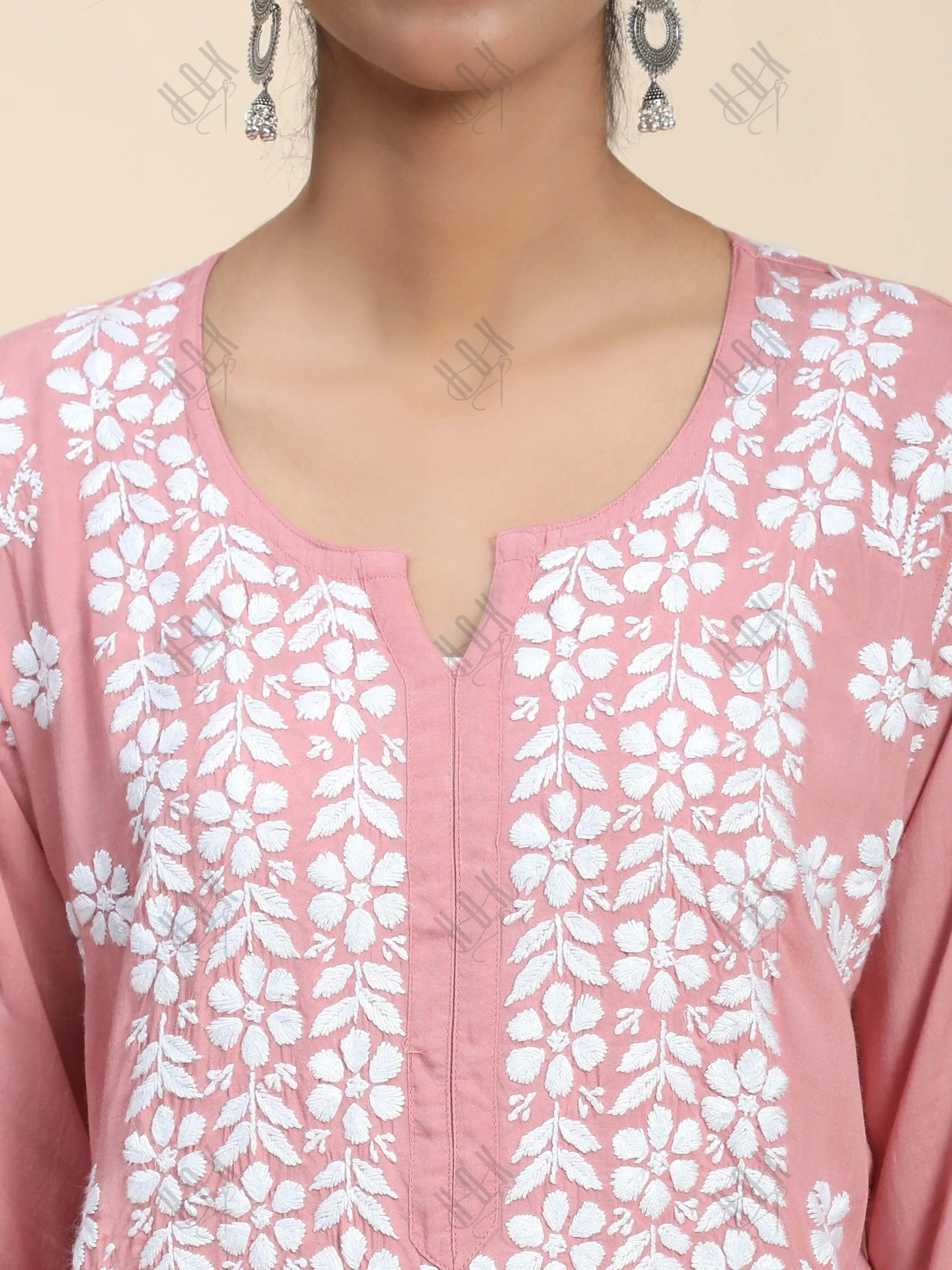 Arti Chauhan in Premium Hand Embroidery Chikankari Kurta Modal Cotton- Pink