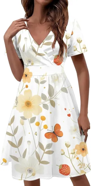 Beach Sundresses for Curvy Womens Summer Casual Plus Size T Shirt Dress Boho Floral Butterfly Vacation Cocktail Dress