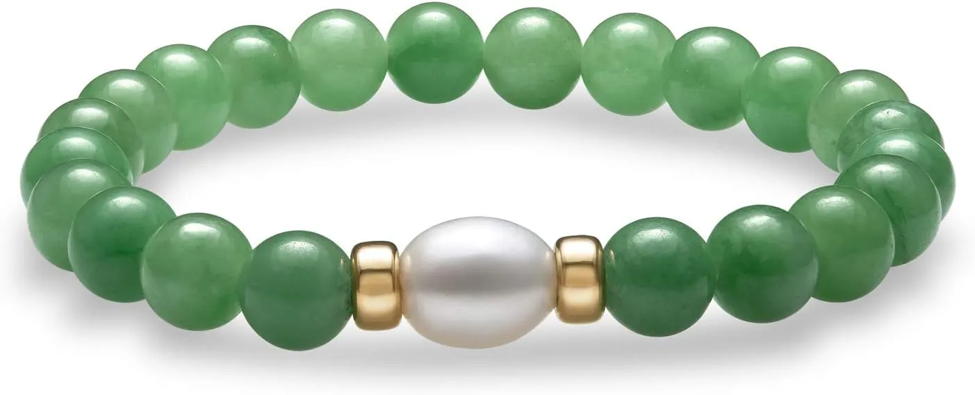 Belacqua Natural Jade and Freshwater Pearl Stretch Bracelet for Women | 14K Yellow Gold | Jewelry for Her | Gift Box Included