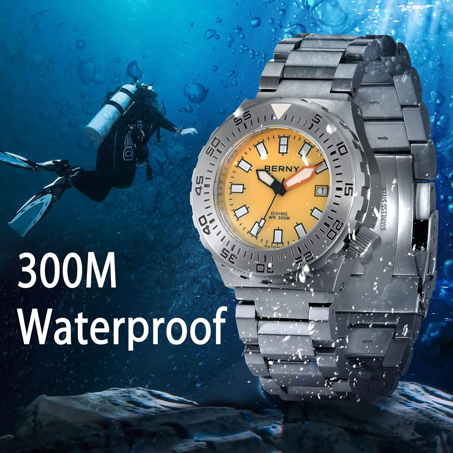 BERNY Dive Watch for Men Sports Diving Wristwatch with Screw-in Crown 30ATM Waterproof Sapphire Glass Solid Stainless Steel Bracelet Automatic Mechanical Pro Diver Watches Super Luminous