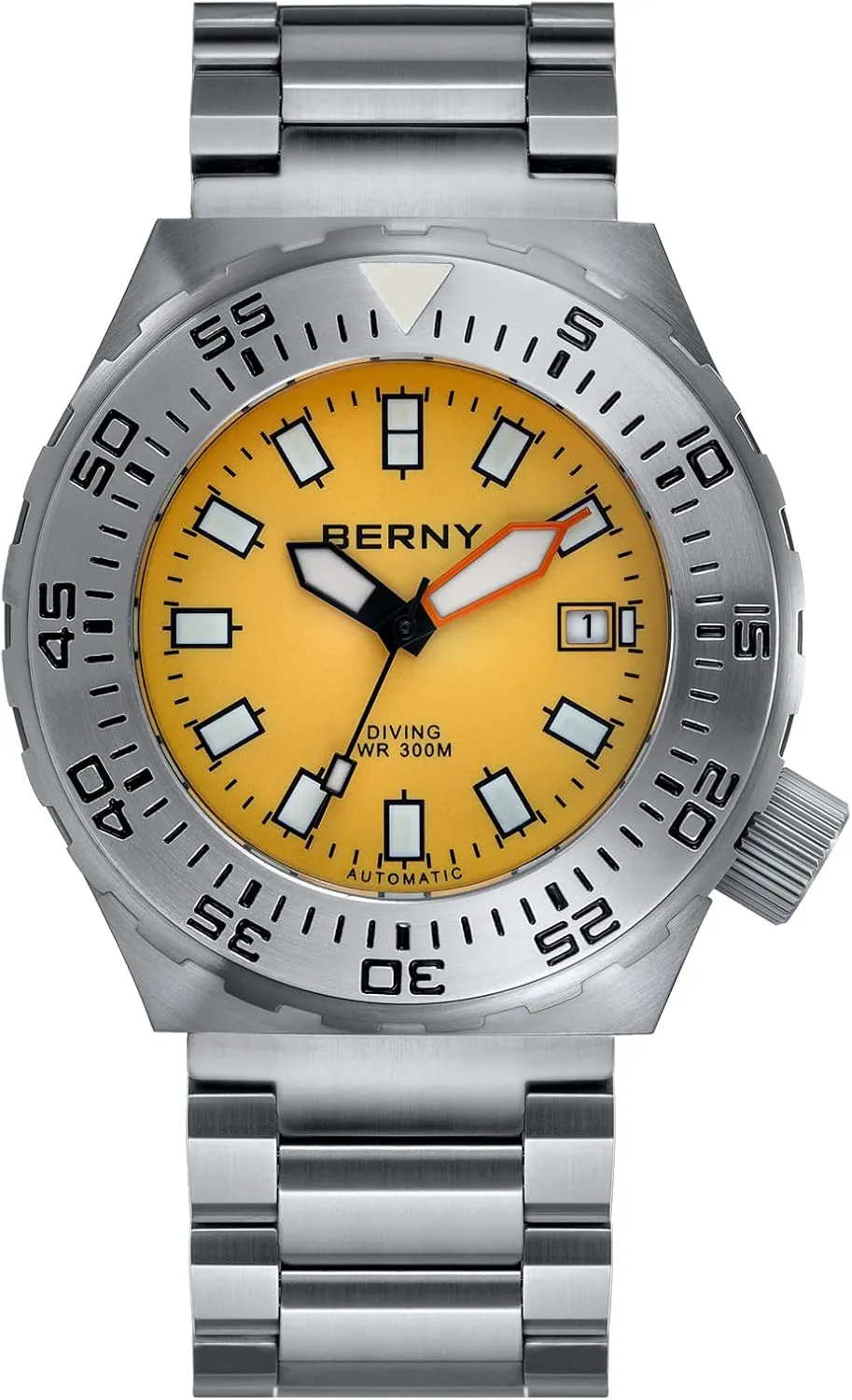 BERNY Dive Watch for Men Sports Diving Wristwatch with Screw-in Crown 30ATM Waterproof Sapphire Glass Solid Stainless Steel Bracelet Automatic Mechanical Pro Diver Watches Super Luminous
