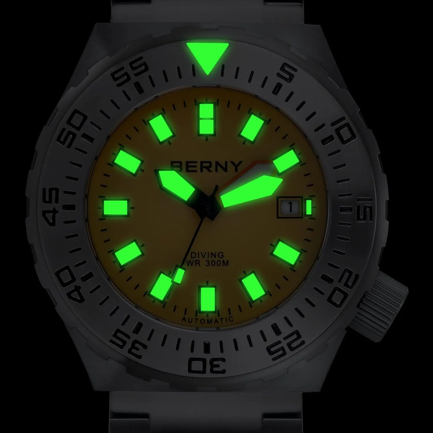 BERNY Dive Watch for Men Sports Diving Wristwatch with Screw-in Crown 30ATM Waterproof Sapphire Glass Solid Stainless Steel Bracelet Automatic Mechanical Pro Diver Watches Super Luminous