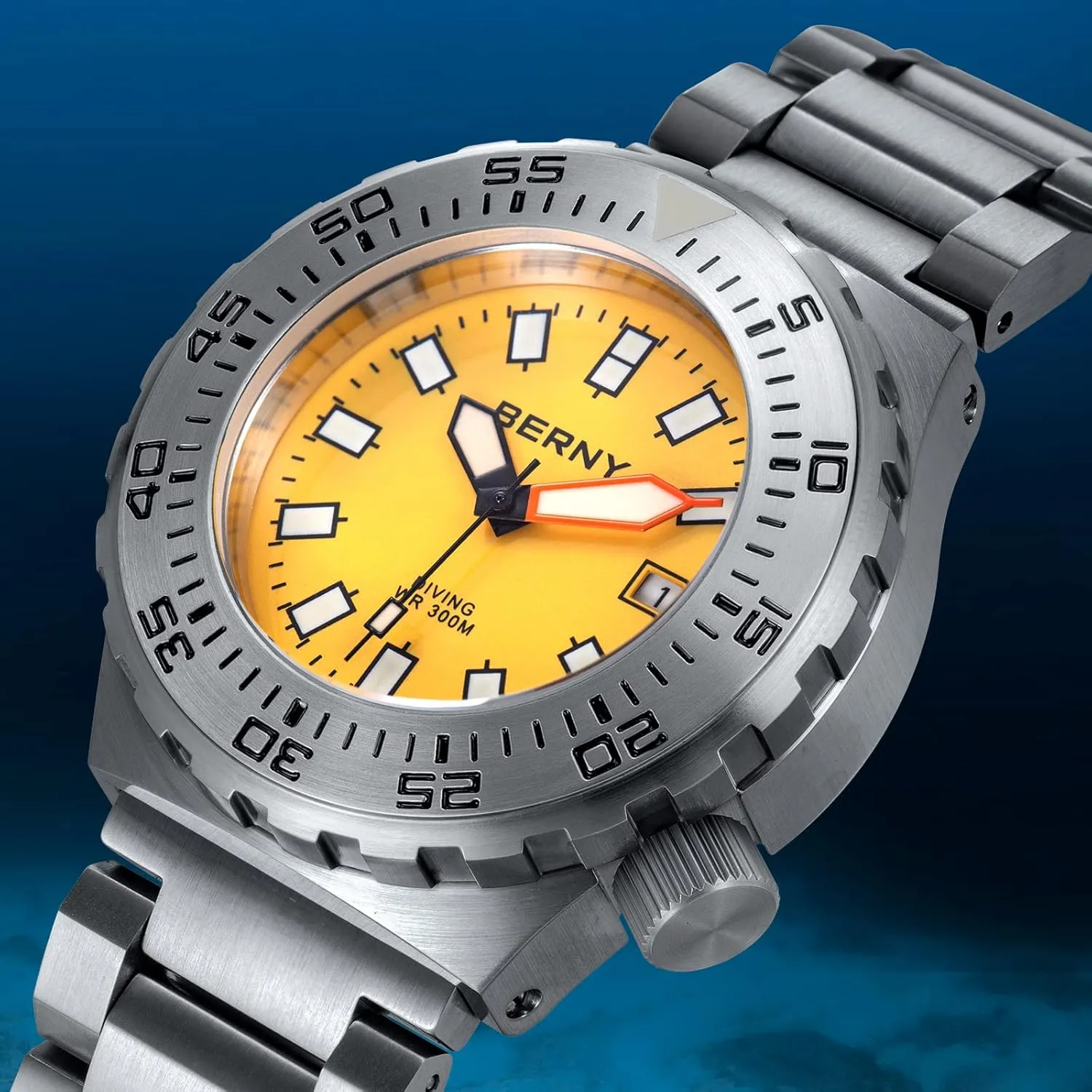 BERNY Dive Watch for Men Sports Diving Wristwatch with Screw-in Crown 30ATM Waterproof Sapphire Glass Solid Stainless Steel Bracelet Automatic Mechanical Pro Diver Watches Super Luminous